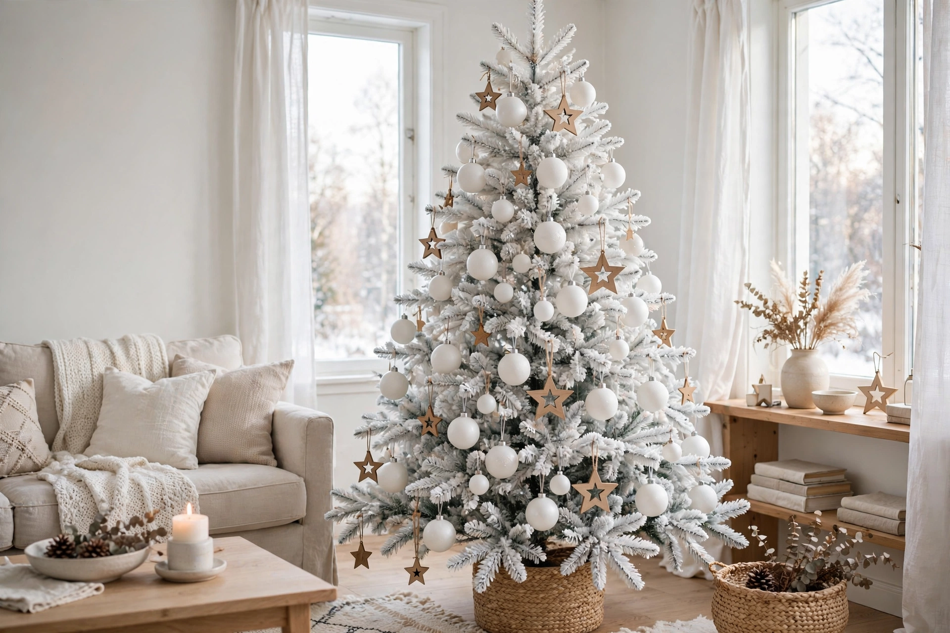 All-white flocked Christmas tree with matte white baubles and wooden star ornaments in a bright Nordic living room.