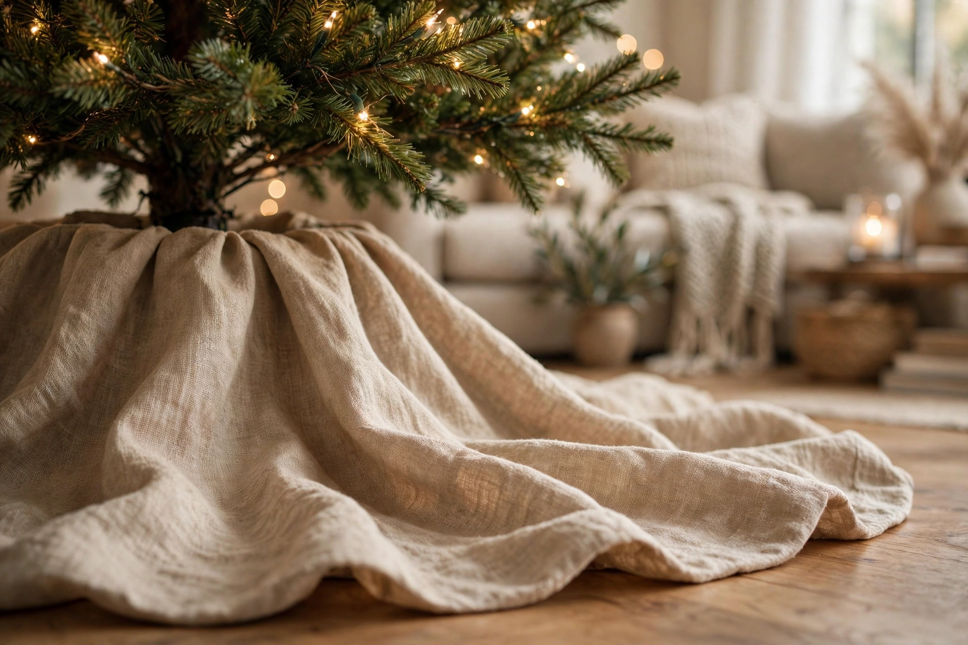 A beige linen tree skirt draped around the base of a Christmas tree with warm white lights, cozy and textured.