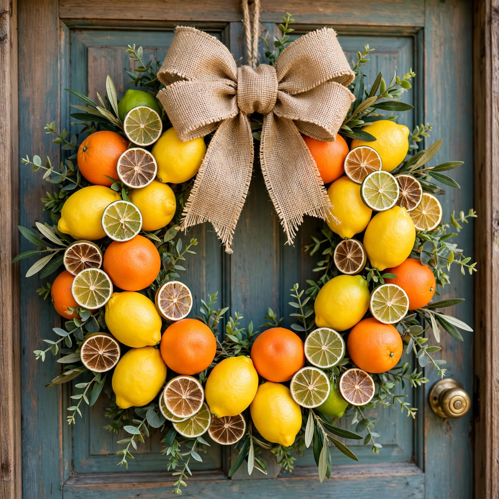 Front door wreath made of faux lemons, oranges and lime slices with a burlap bow.
