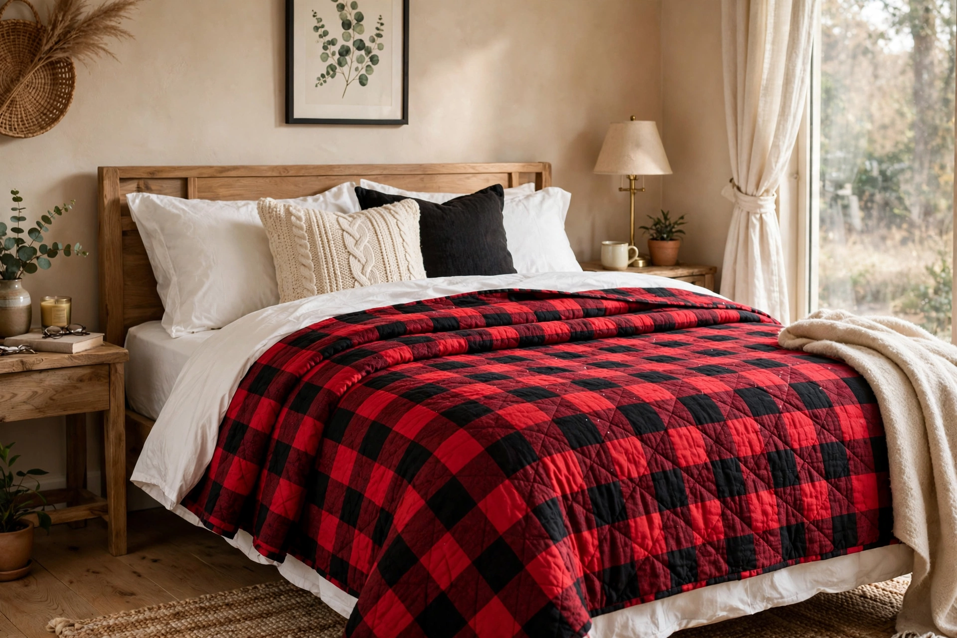 Bed made with a red and black buffalo check quilt and white sheets in a cozy bedroom.