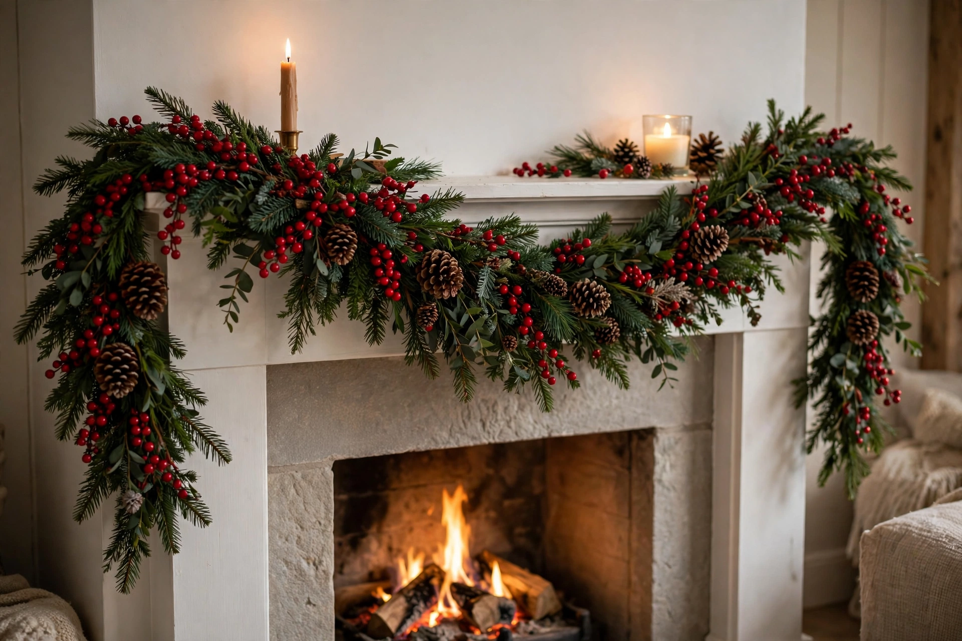 Lush green evergreen garland with red berries and pinecones draped along a white mantel over a cozy lit fireplace.