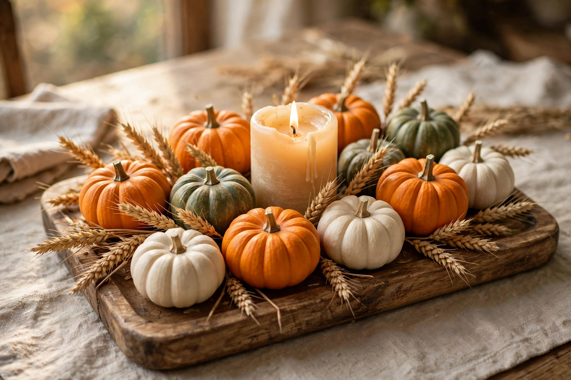 Wooden tray with small orange, white, and green pumpkins around a pillar candle and dried wheat sprigs.