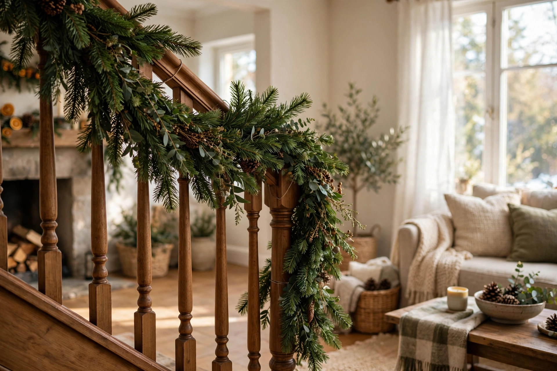 Lush green pine garland draped along a wooden stair railing in a festive living room.