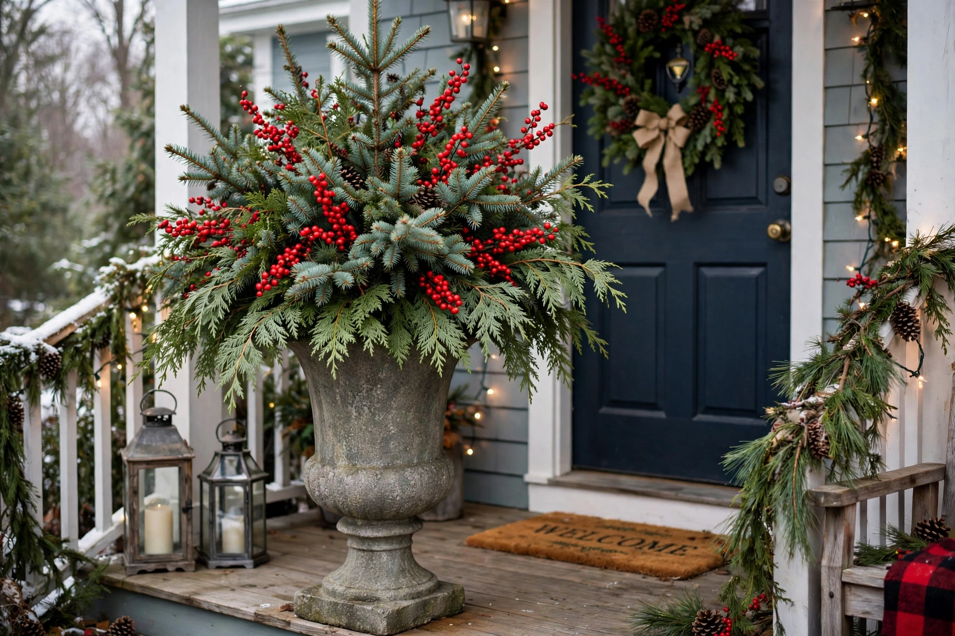 Tall stone urn filled with spruce and cedar branches and bright red berries on a front porch.