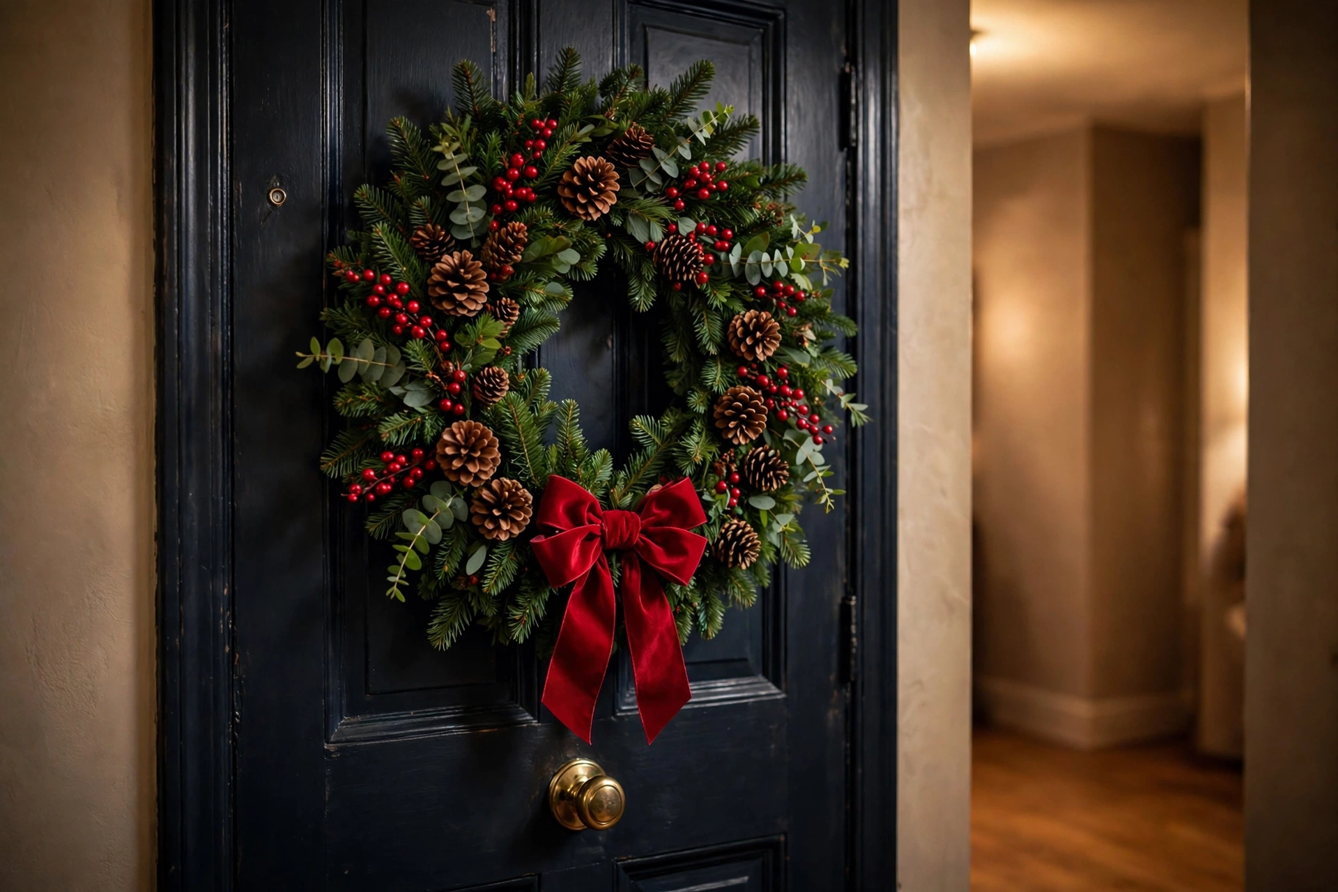 Lush Christmas wreath with bright red berries, pinecones, and a red bow on a dark apartment entry door.