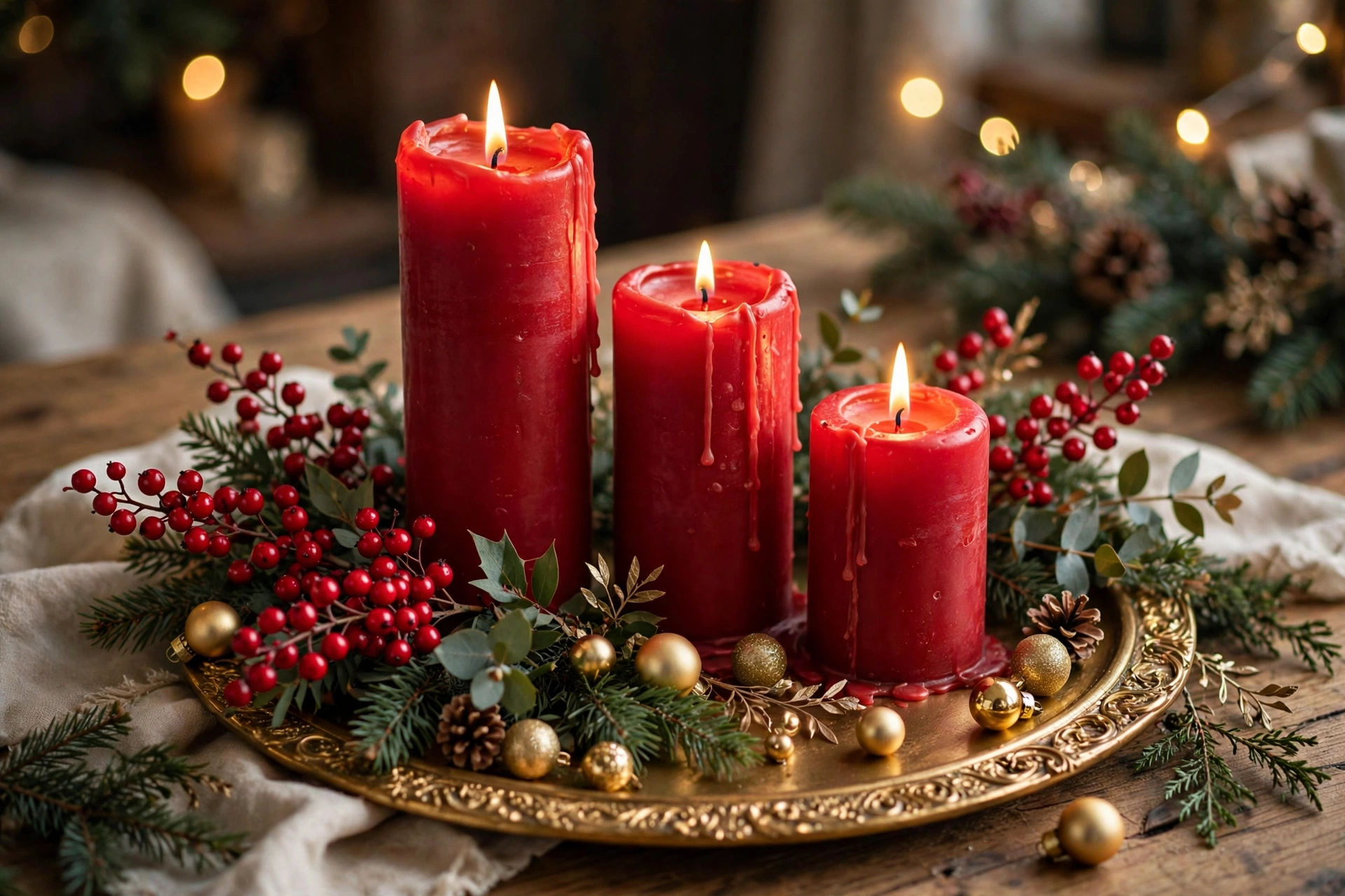 Three red pillar candles of varying heights on a gold tray surrounded by red berries and gold ornaments.