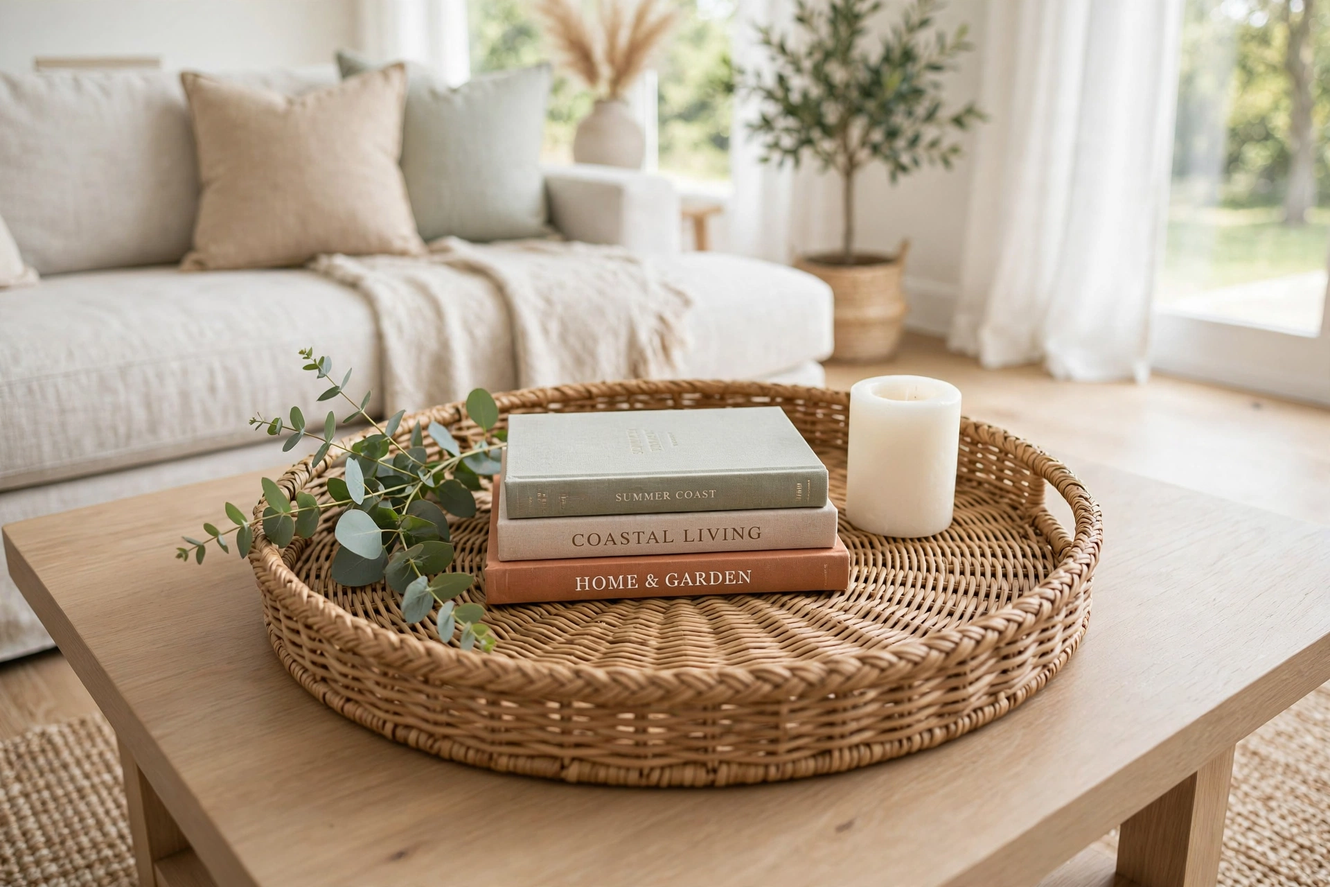 Round woven wicker tray on a light wood coffee table holding a small book stack, a white pillar candle, and a sprig of eucalyptus in a bright living room.