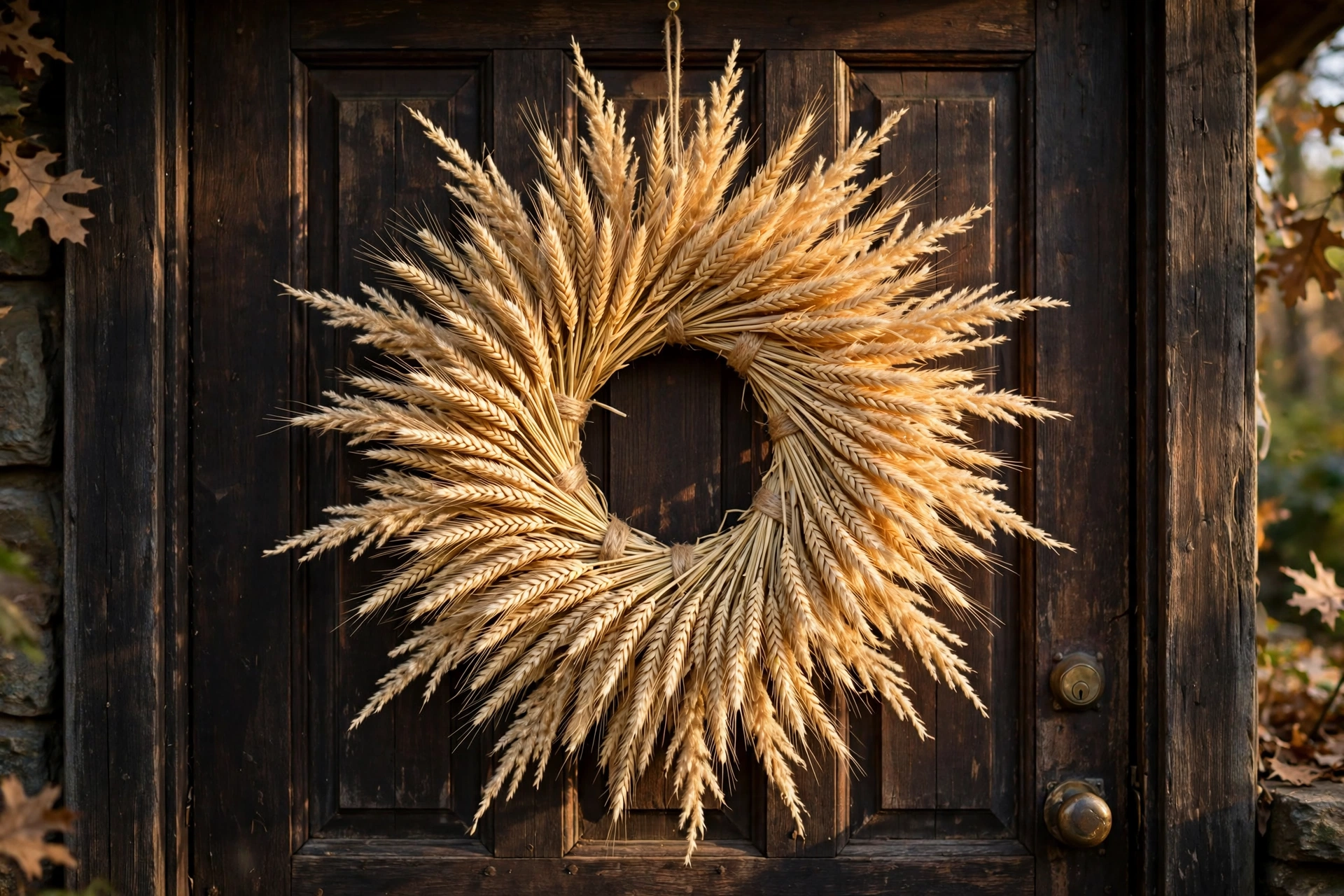 Golden dried wheat bundle wreath hanging on a dark wooden front door.