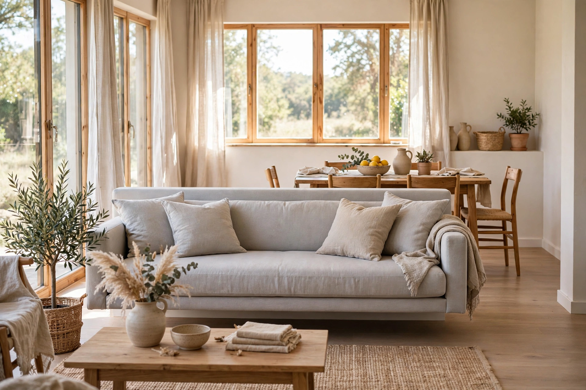 Small living room with a low-profile sofa floating between the living and dining zones.