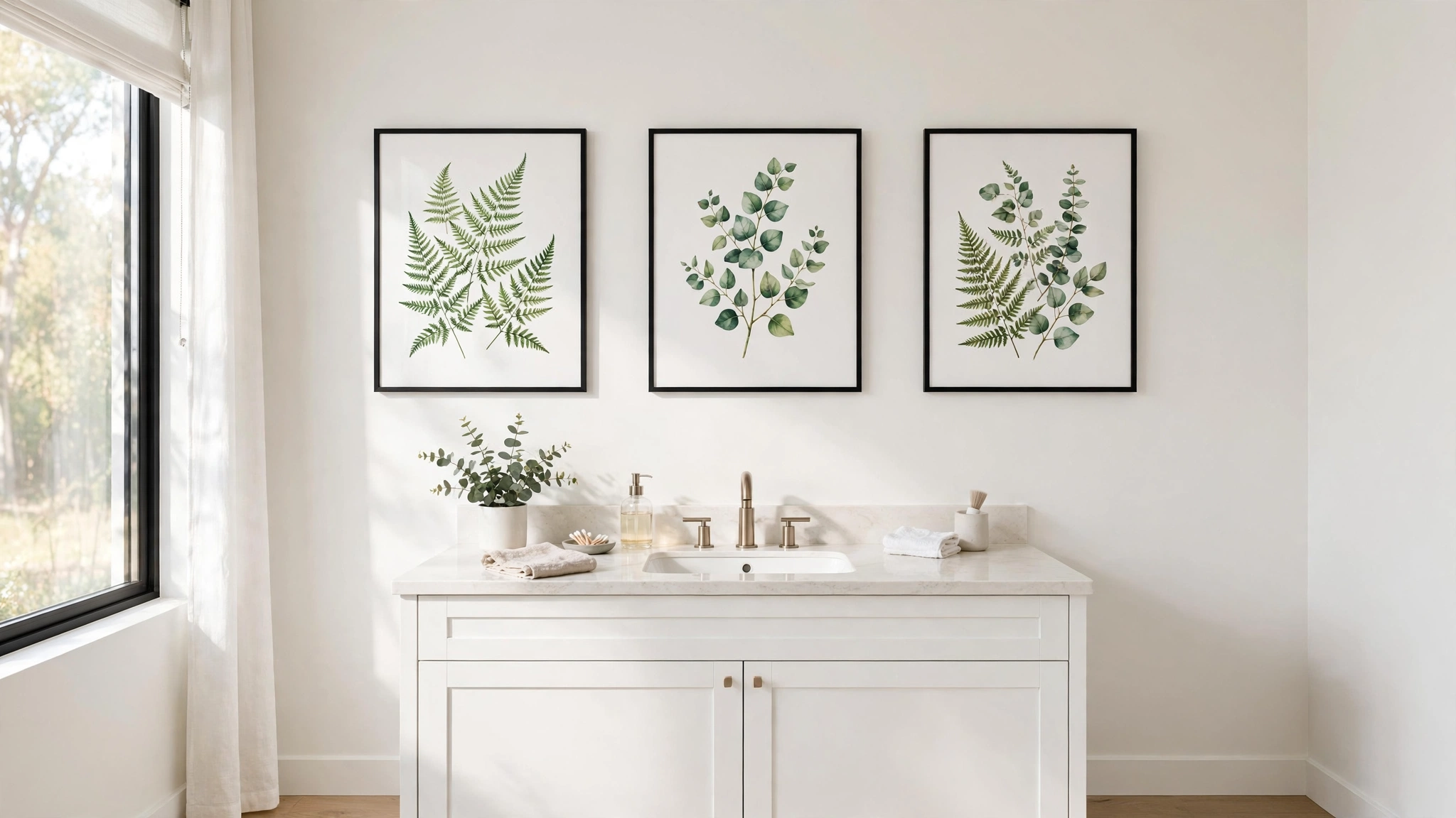 Three framed botanical prints with green leaf illustrations hanging in a row above a white bathroom vanity