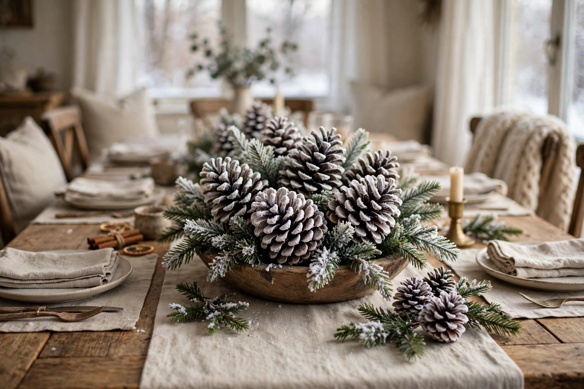 Frosted pinecone centerpiece in a wooden bowl on a winter dining table