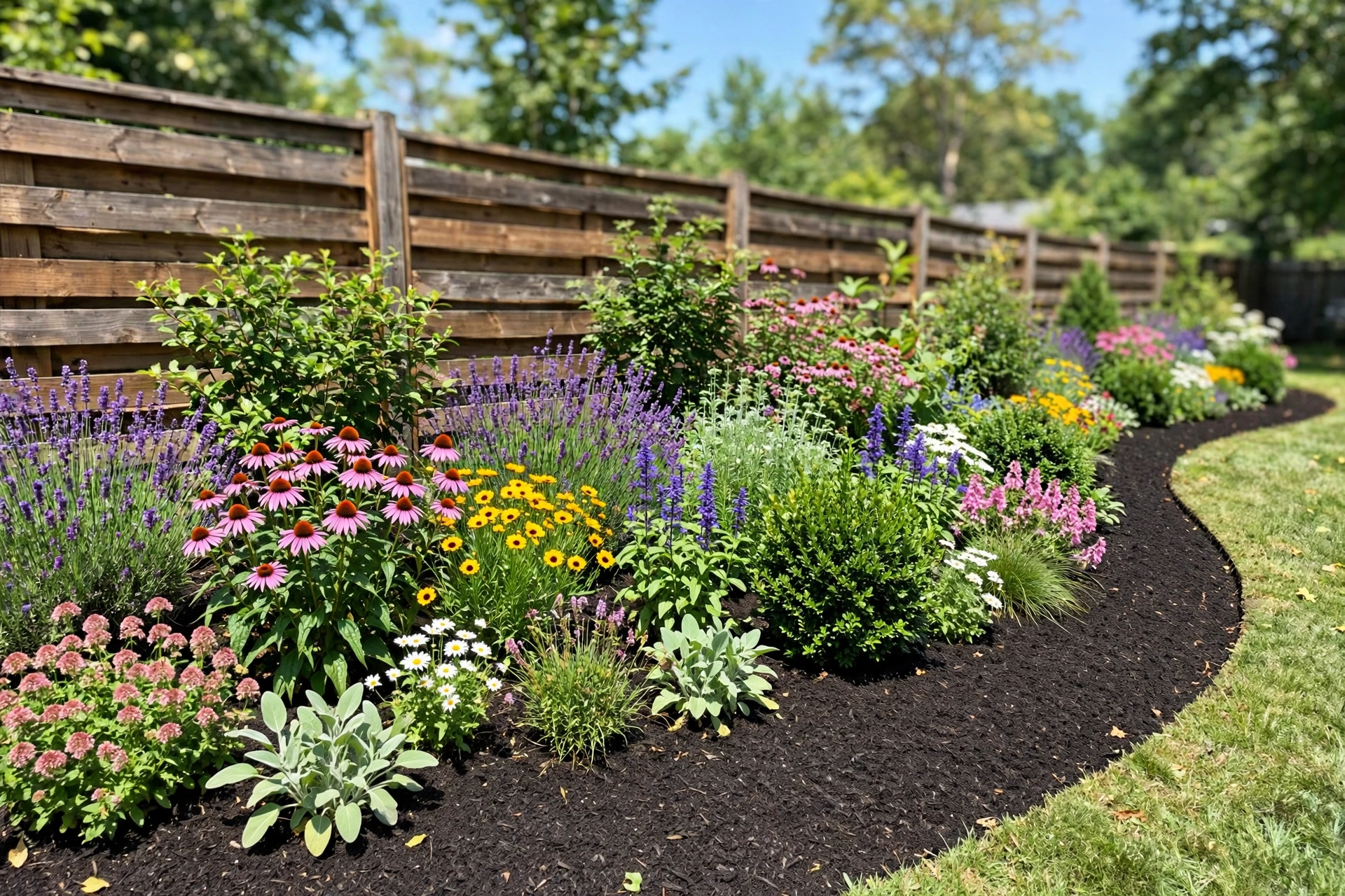 A long garden bed with colorful perennials and shrubs planted along a wooden fence, mulched and neatly edged.