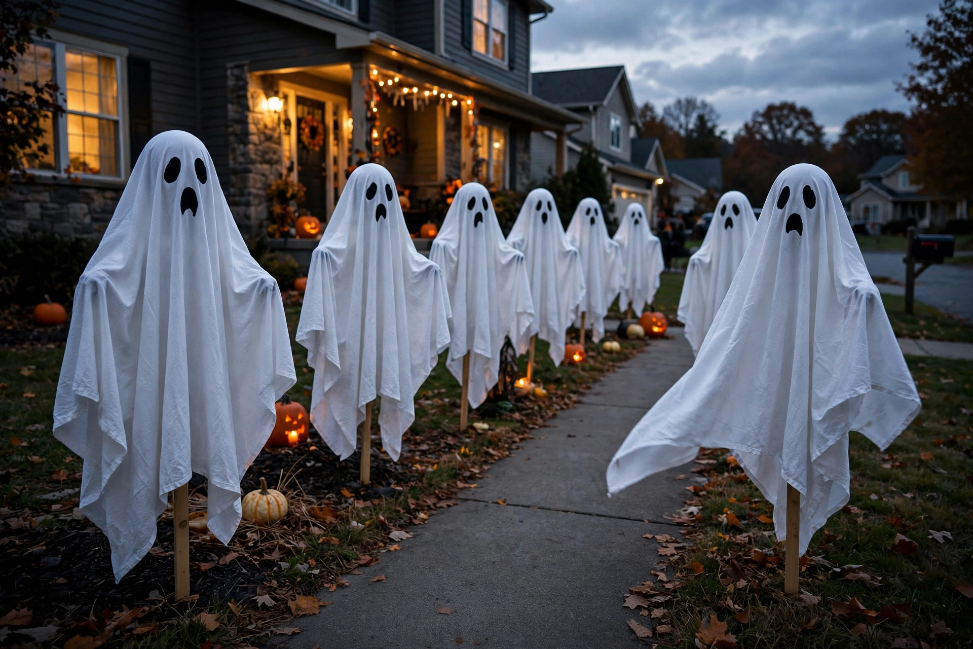 Row of white sheet ghosts on stakes lining a front walkway at dusk.