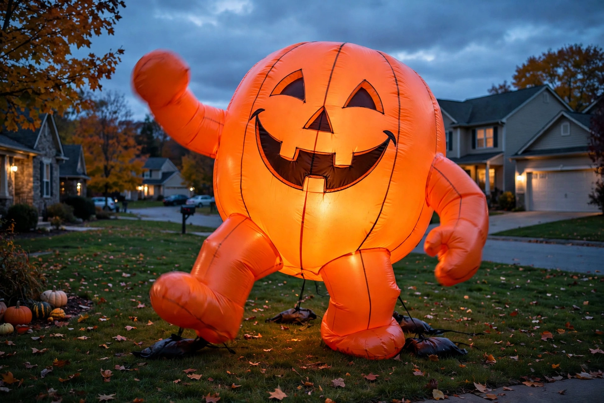 Giant inflatable orange pumpkin appearing to dance on a front lawn at dusk, lit from within.