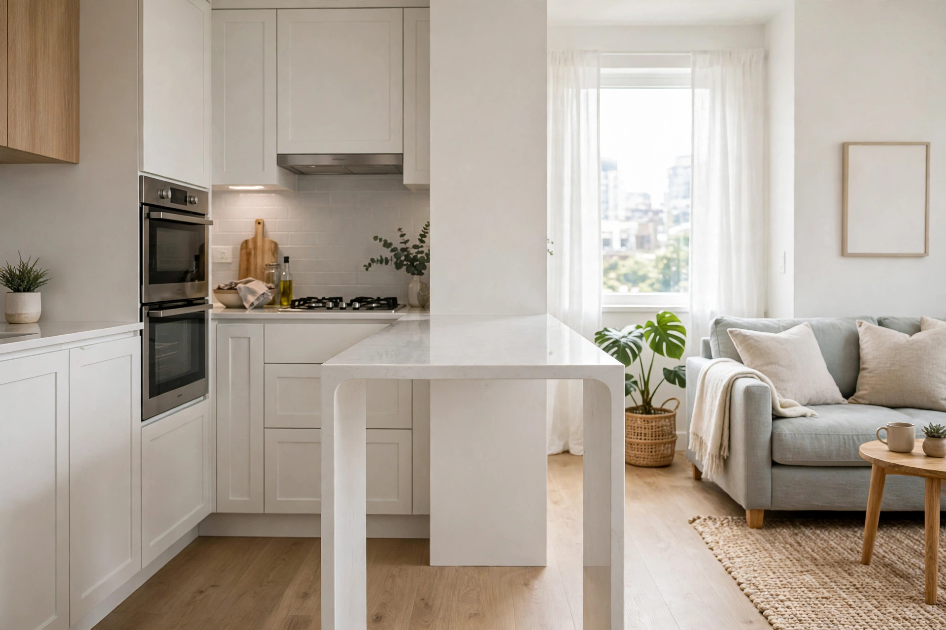 Slim white kitchen island dividing a tiny open plan kitchen and living room.