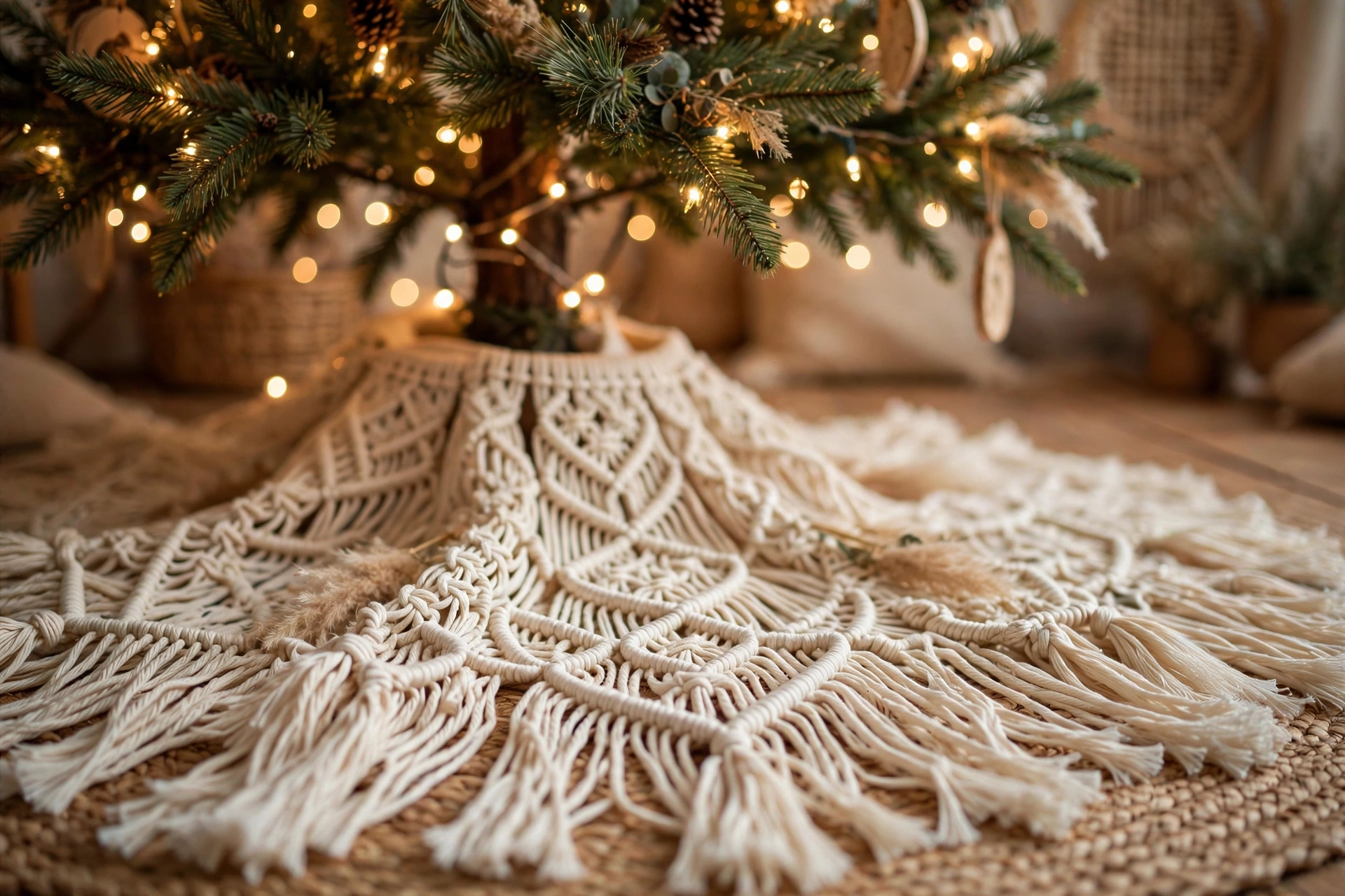A close-up of a cream macrame Christmas tree skirt with fringe under a warmly lit tree