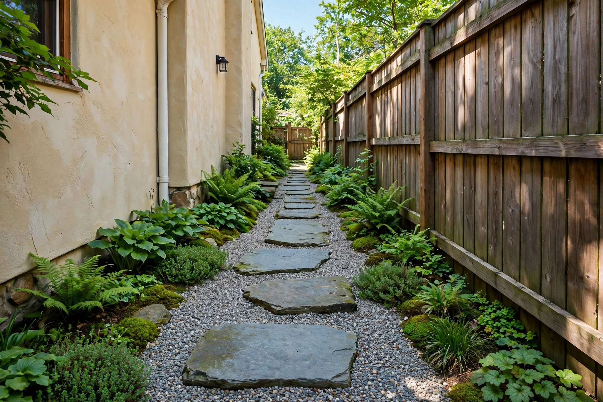 Narrow side yard with a gravel path and large flat stepping stones between a house wall and a wooden fence, lush green edging plants, bright daylight.