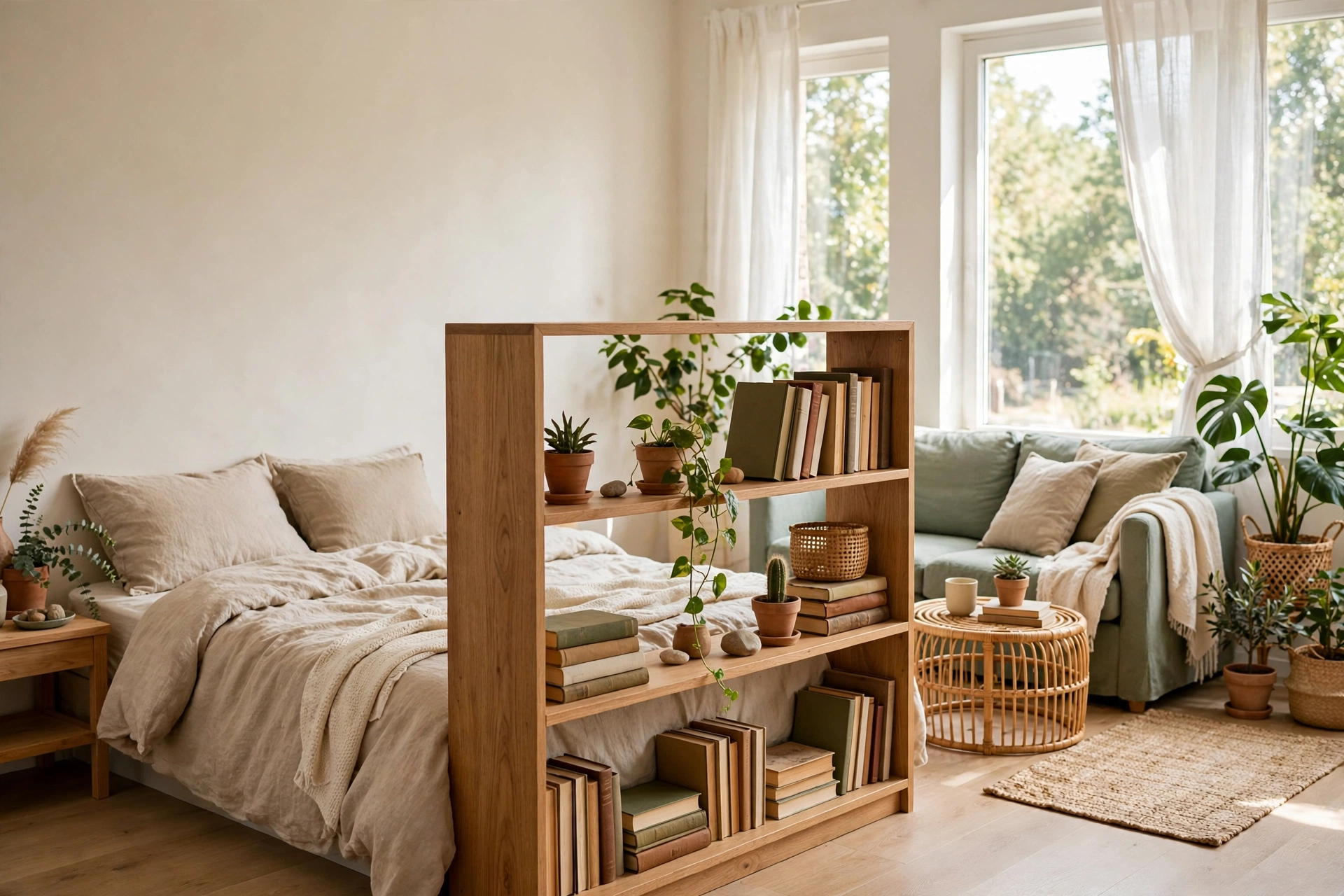 A bright studio apartment with a low wooden bookshelf dividing a bed area from a small sofa seating area