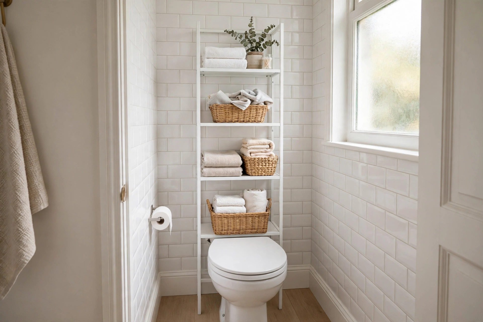 A slim white freestanding etagere shelf unit over a toilet in a small bright bathroom, styled with folded towels and woven baskets, realistic interior photo, no text