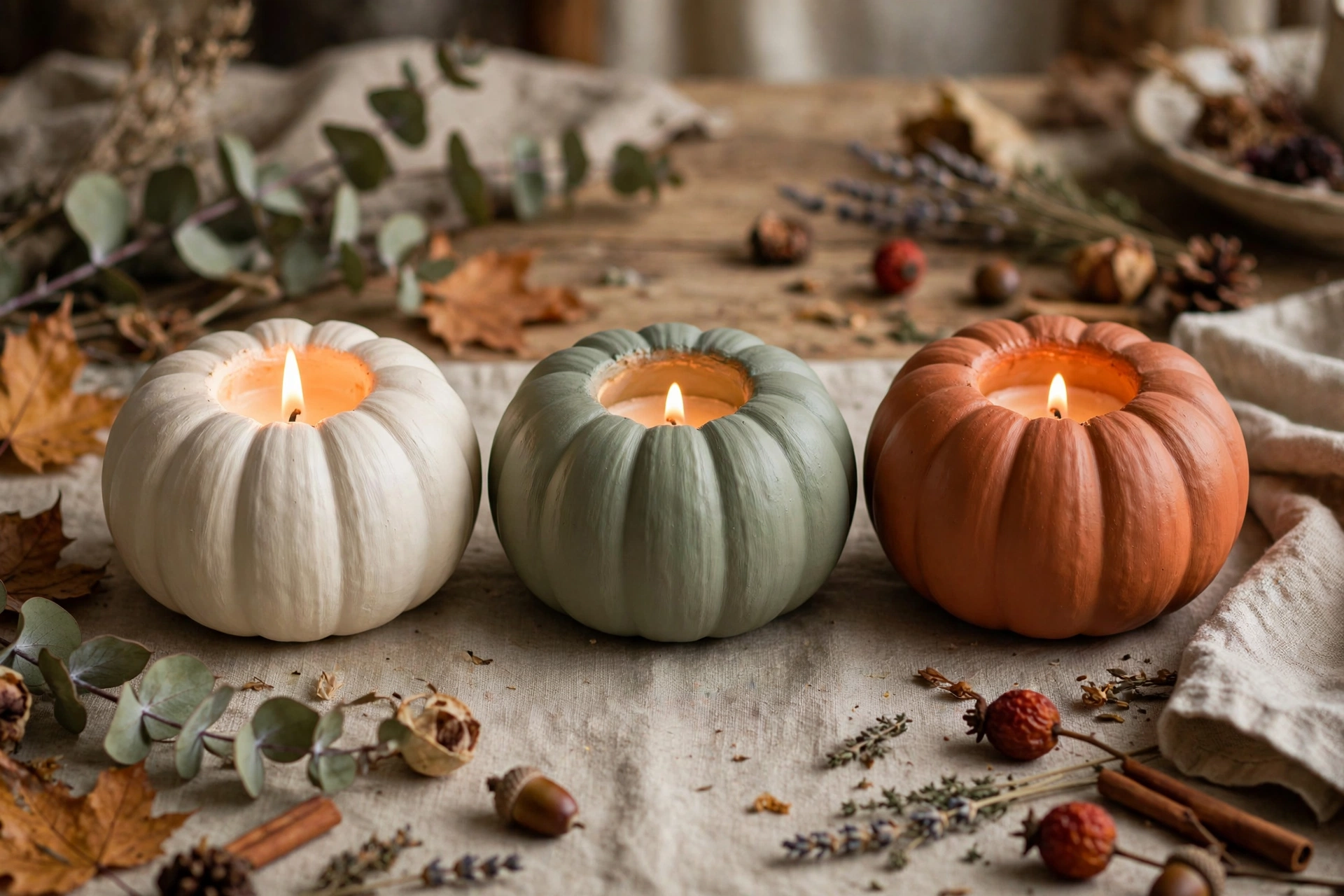 Three small painted pumpkins in cream, sage and terracotta used as candle holders with lit candles inside.