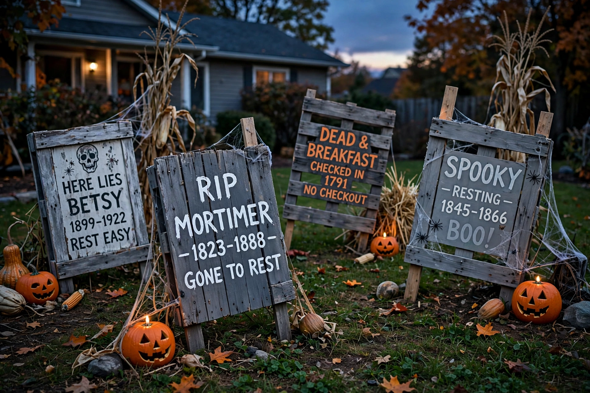 Crooked gray wooden pallet gravestones with painted epitaphs staked in a front yard at dusk.