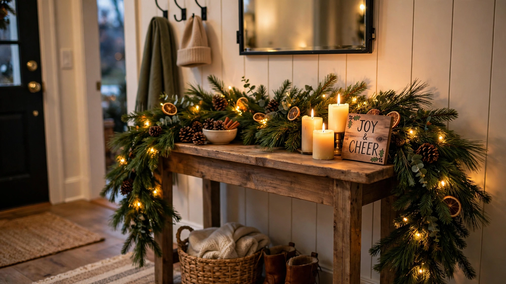 Pine garland draped over a console table with pinecones and fairy lights