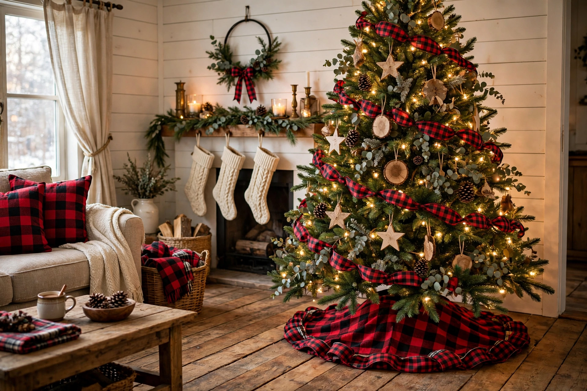 Christmas tree with a red and black buffalo check plaid tree skirt and plaid ribbon garland in a farmhouse living room.