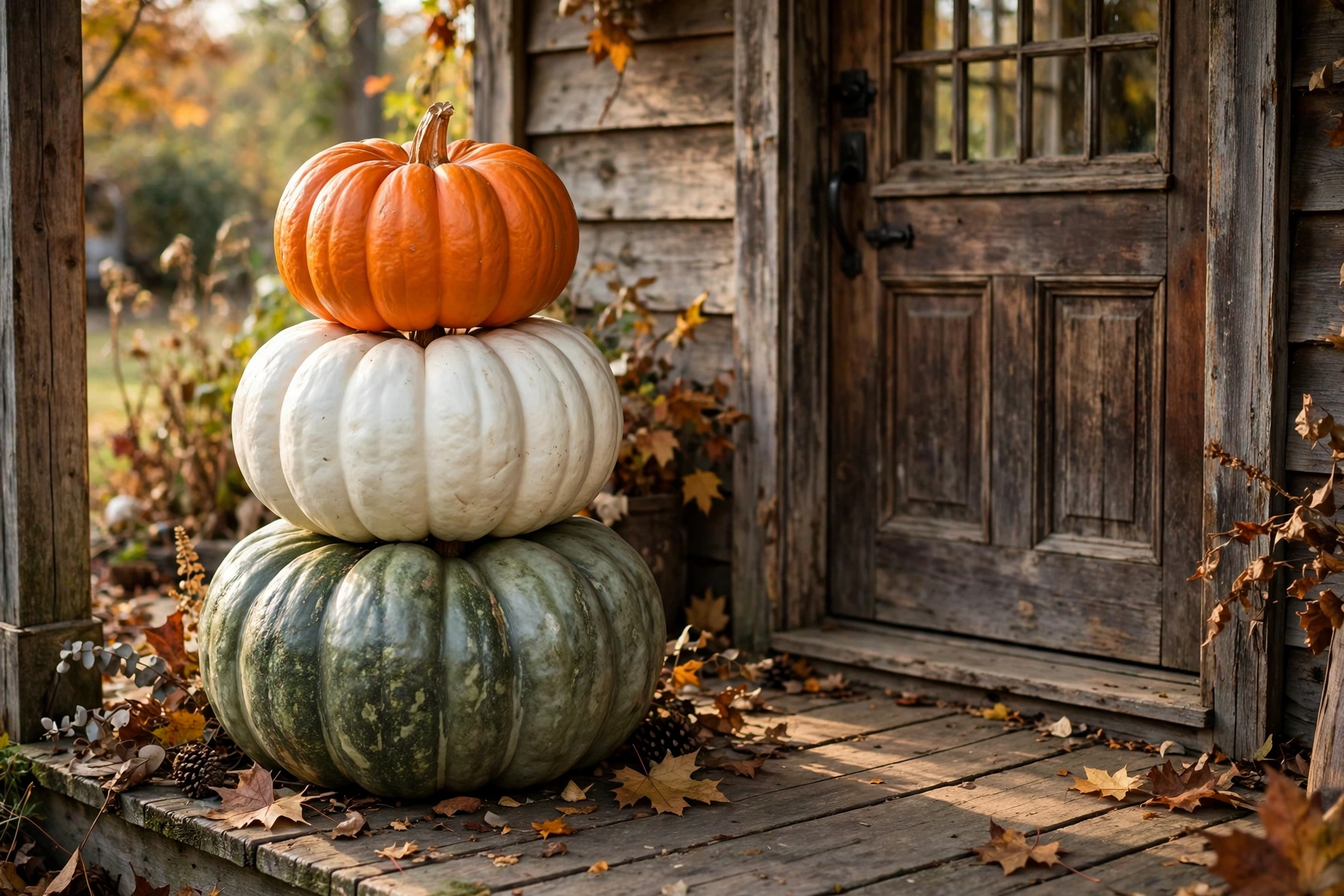 Stack of orange, white, and green pumpkins beside a farmhouse front door.