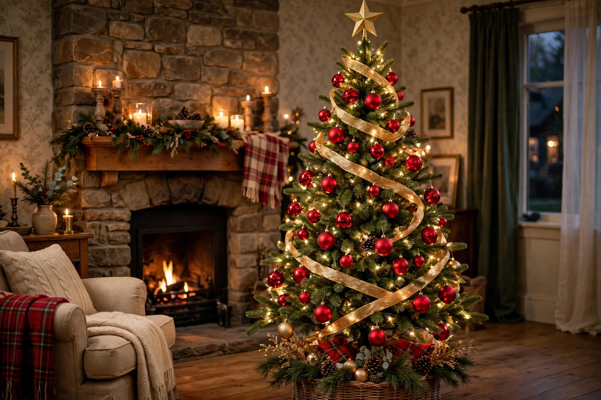 classic Christmas tree decorated with red and gold ornaments, gold ribbon garland, and warm white lights