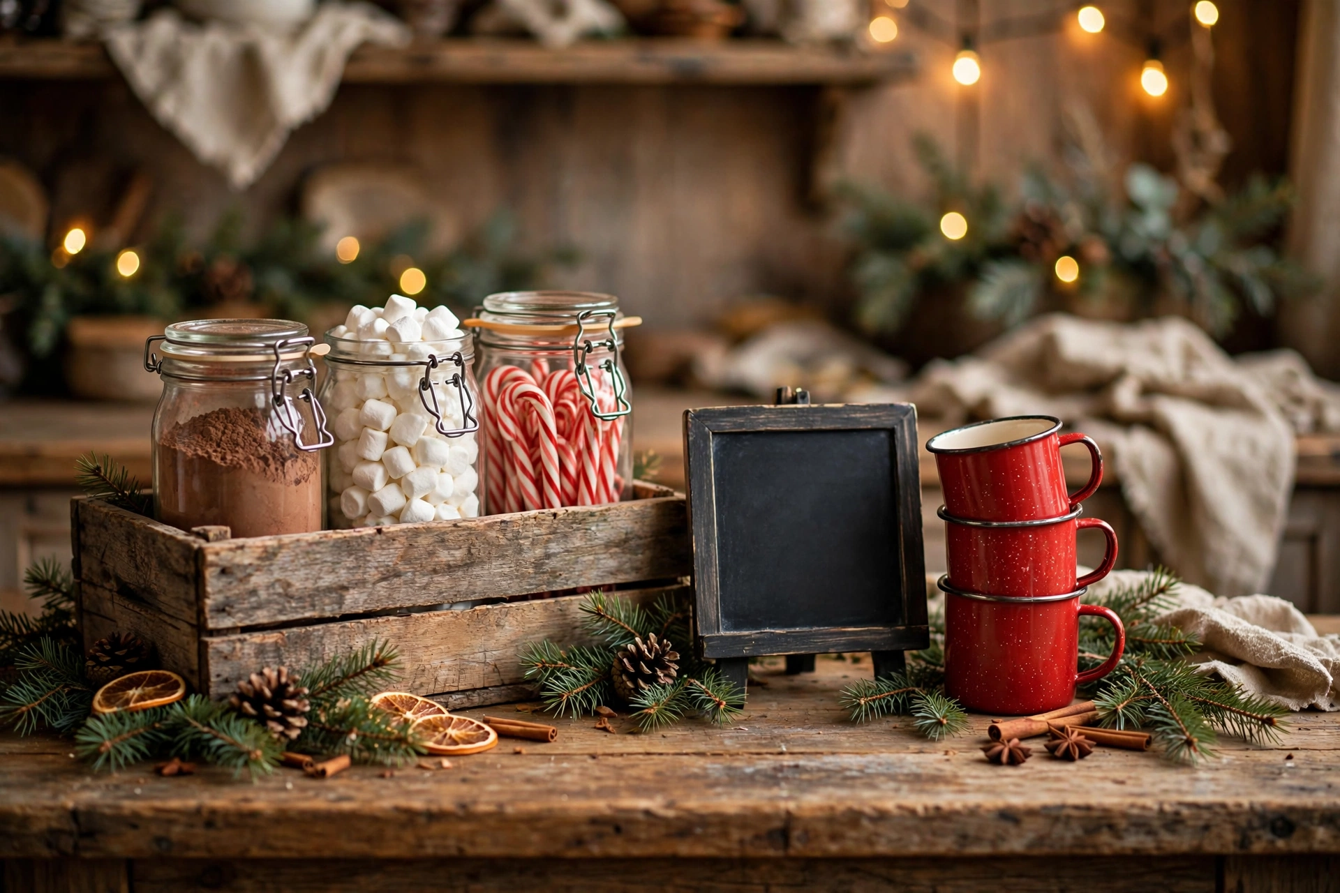 Wooden crate hot cocoa station with jars, marshmallows and enamel mugs