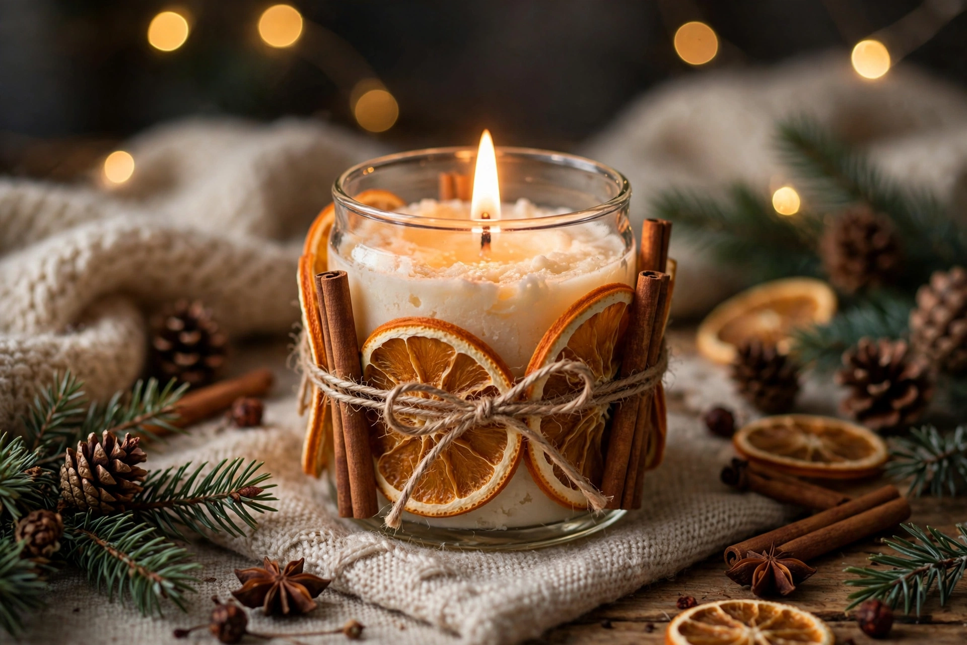 Hand-poured soy candle in a glass jar decorated with dried orange slices and cinnamon sticks, warm glow.