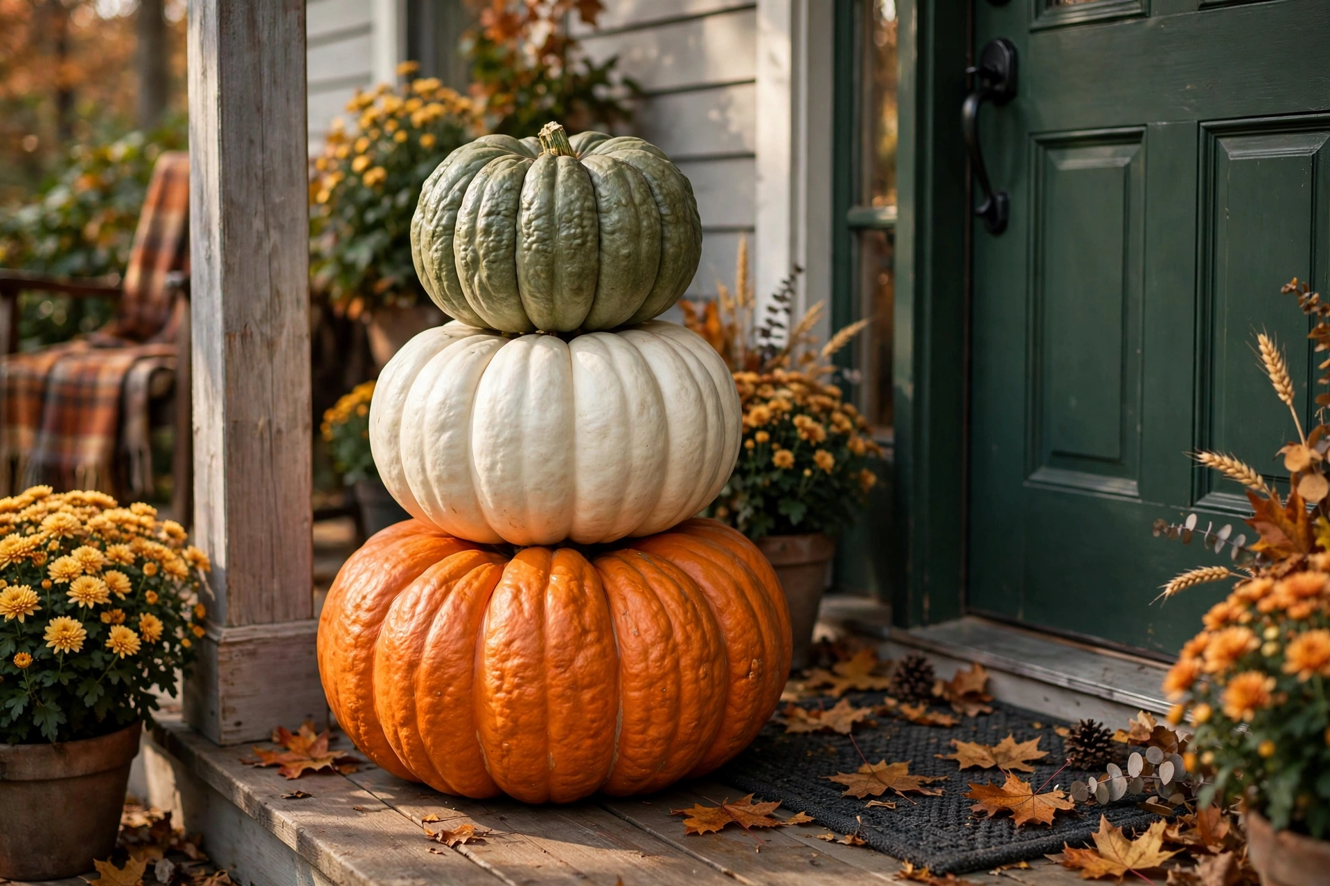Three pumpkins stacked in a tower beside a front door on a small porch.
