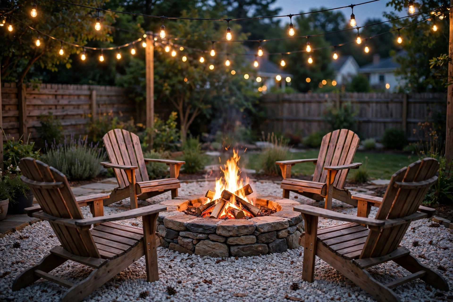 A backyard stone fire pit with glowing flames, ringed by four Adirondack chairs and warm string lights overhead at dusk