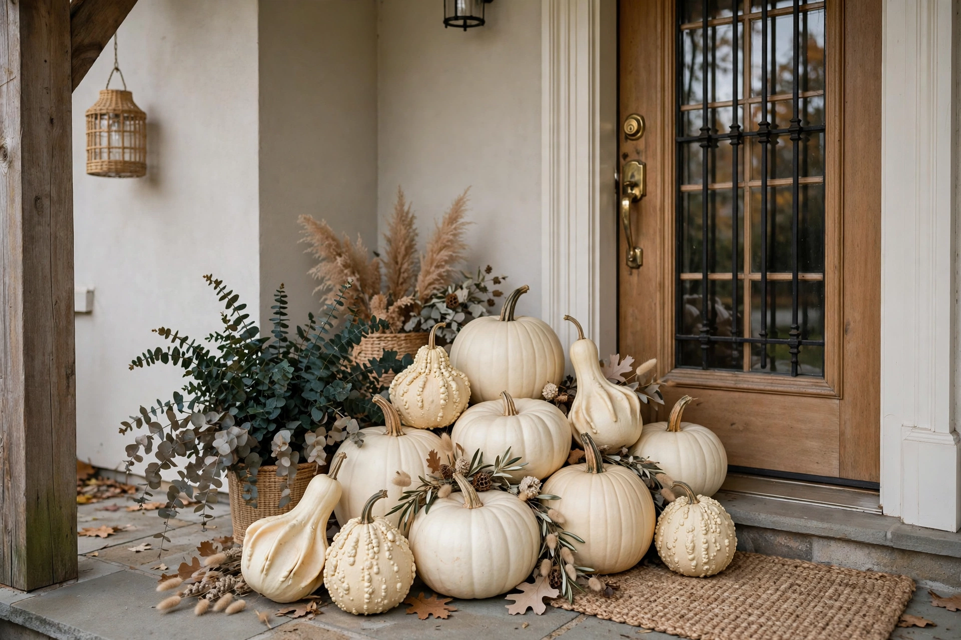 Cluster of warm white pumpkins and gourds in varied shapes grouped by a front door.