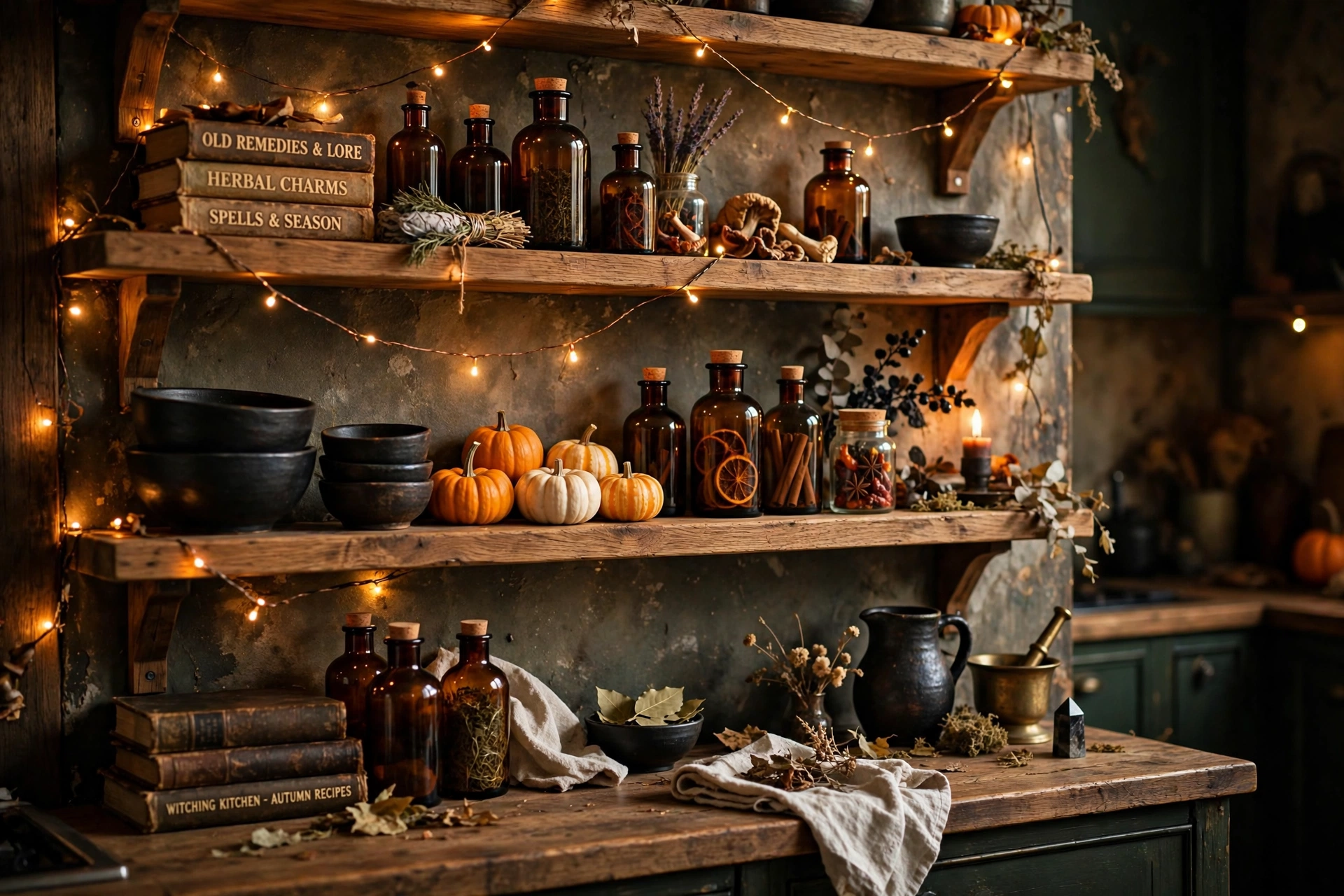 Open kitchen shelves styled with black bowls, amber bottles, vintage books, mini pumpkins and warm fairy lights.
