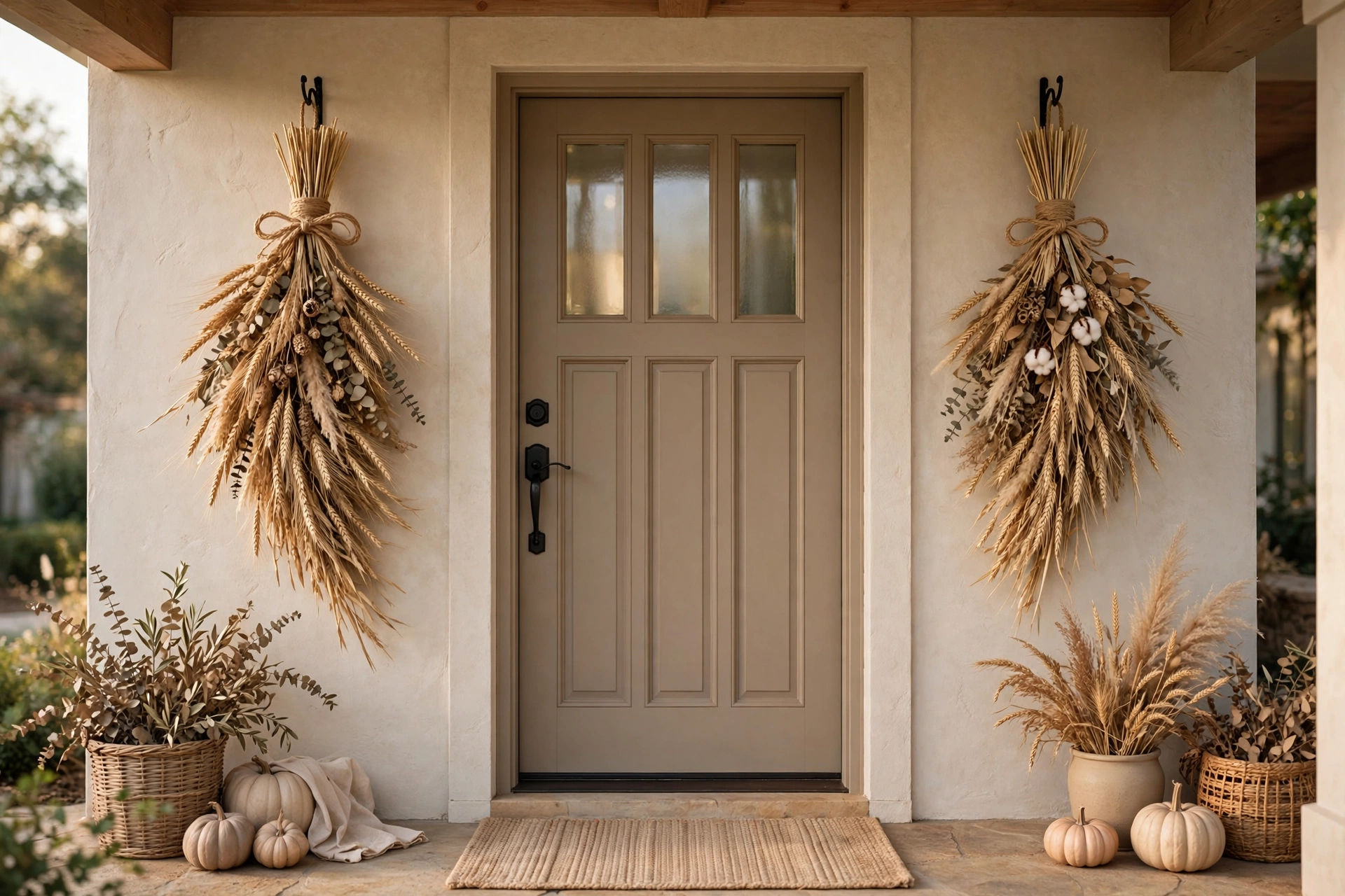 Dried wheat bundle swags tied with twine hanging on either side of a front door.