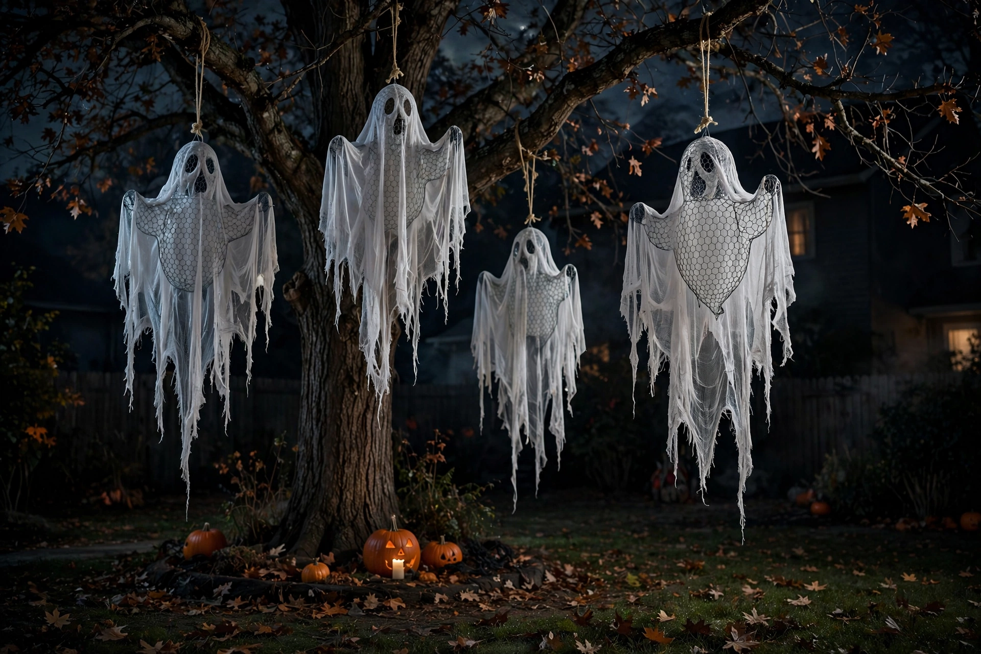 Chicken-wire ghost figures with flowing mesh bodies hanging from a tree in a dark yard.