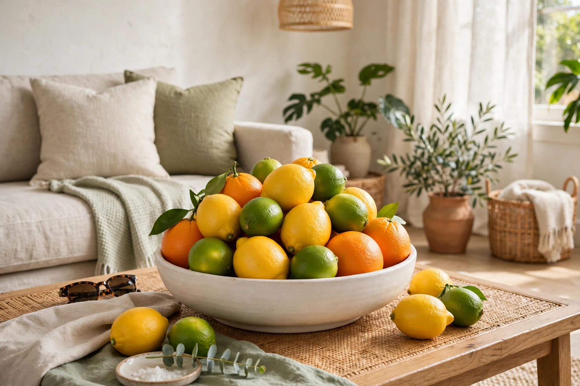 Low white ceramic bowl piled with bright lemons, limes, and oranges on a coffee table in a sunlit living room.