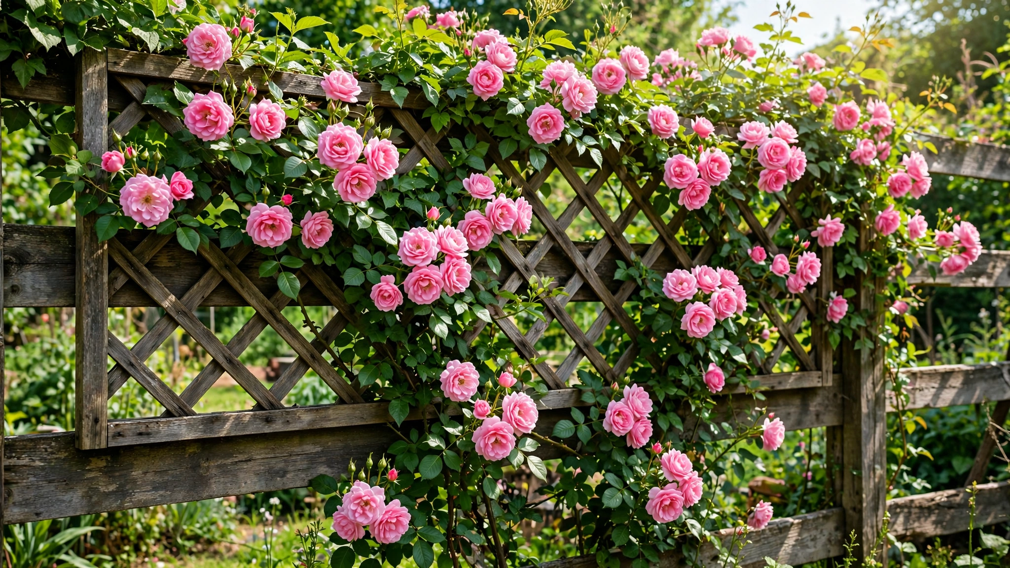 Pink climbing roses blooming across a trellis mounted on a wooden fence.