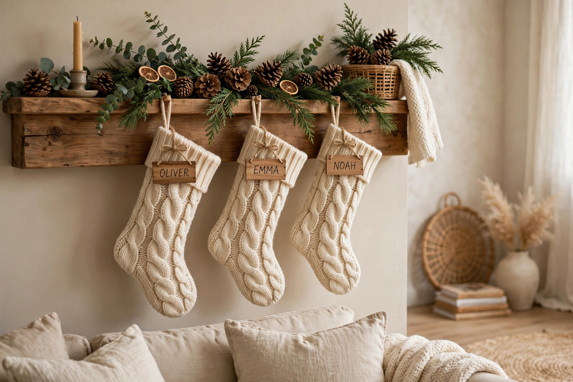 Cream chunky knit stockings hanging from a wooden mantel with greenery and pinecones.