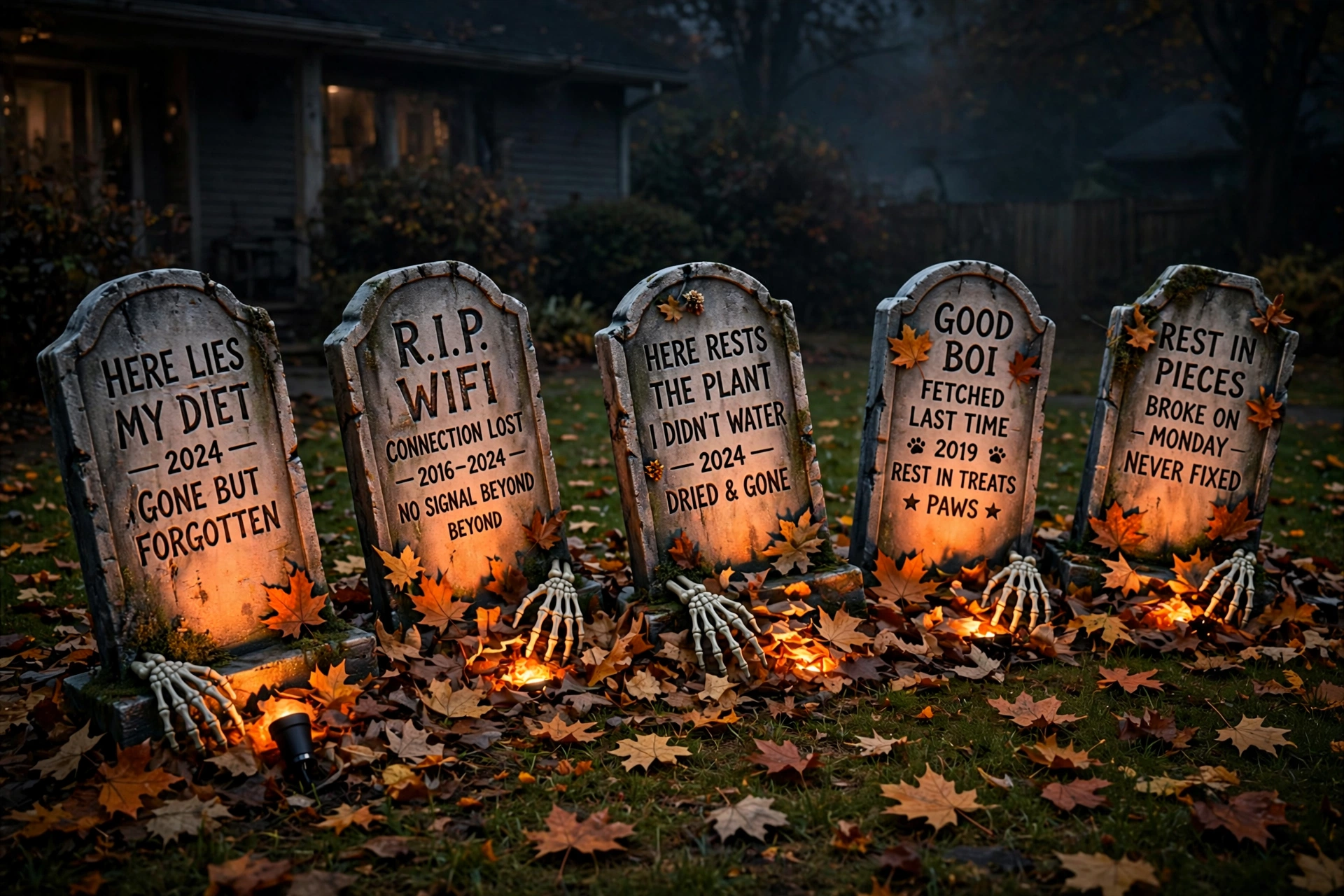 Row of tilted foam tombstones with funny epitaphs in a front yard at night.