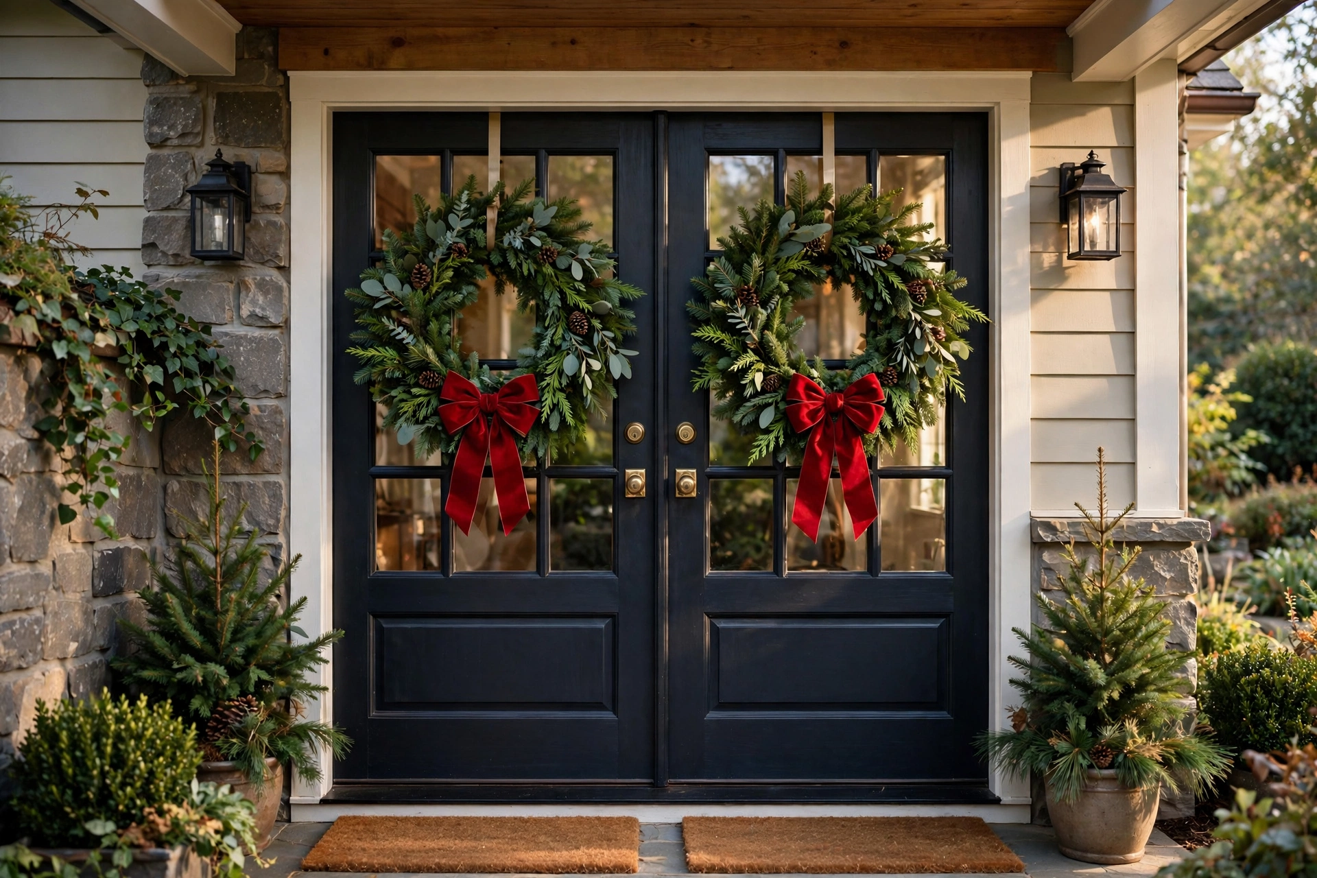Double wreaths on double doors — Christmas door idea
