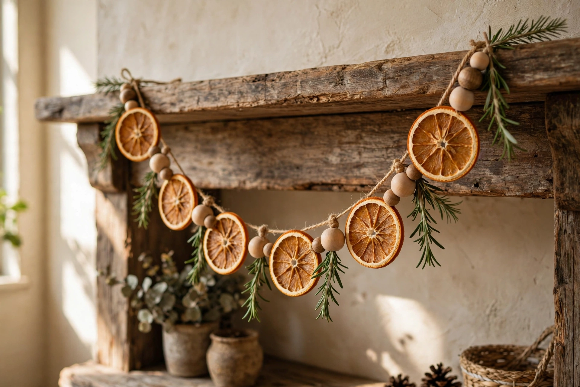 Garland of dried orange slices, wooden beads, and rosemary sprigs hanging on a mantel.