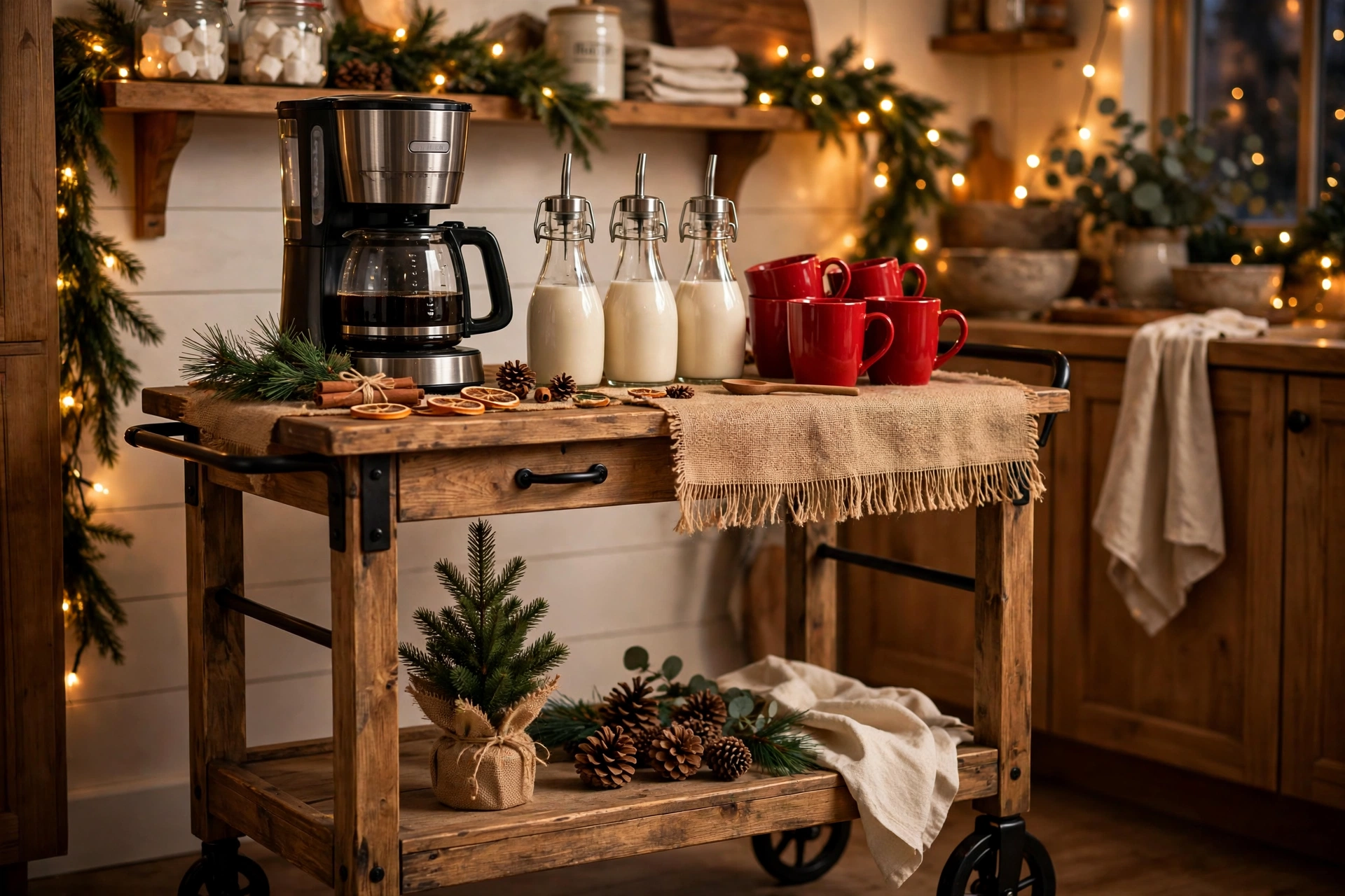Farmhouse bar cart coffee station with coffee maker and holiday mugs