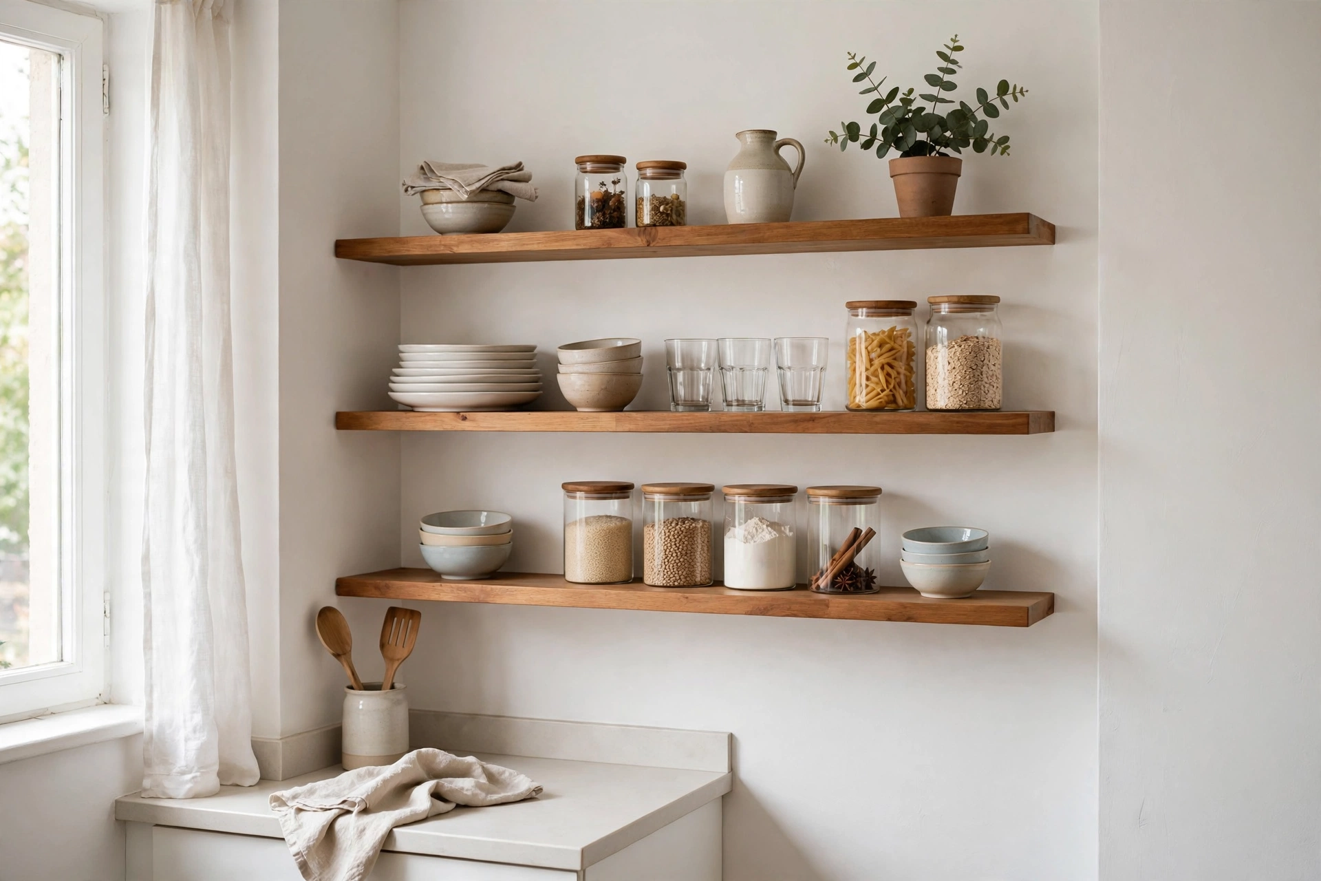 Open floating shelves with dishes and jars in a small white kitchen wall.