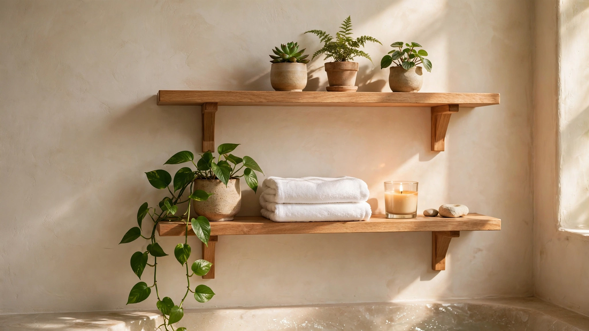 Two wooden floating shelves on a bathroom wall styled with potted green plants, folded towels, and a candle