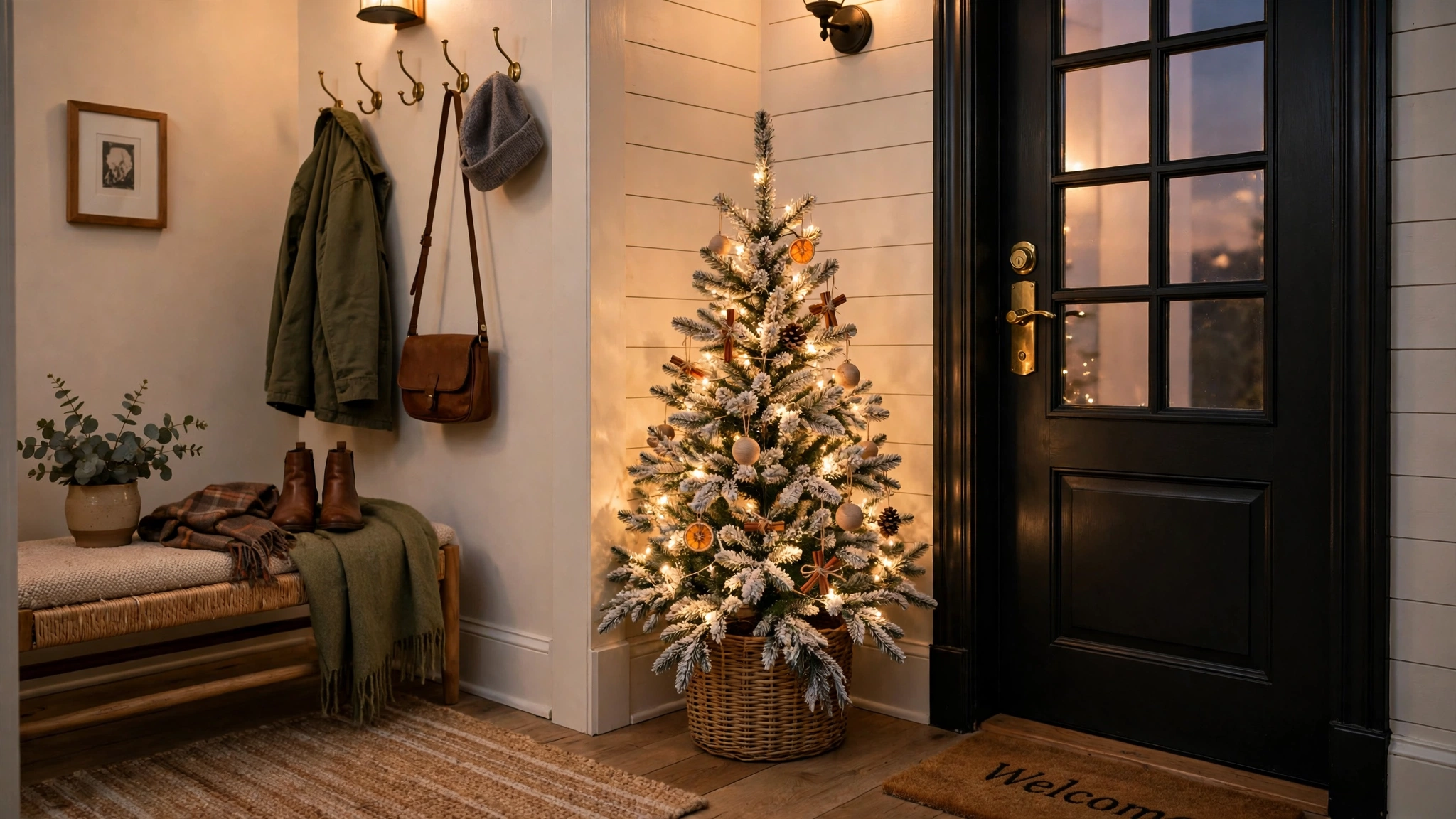 Flocked mini Christmas tree by the front door in a woven basket