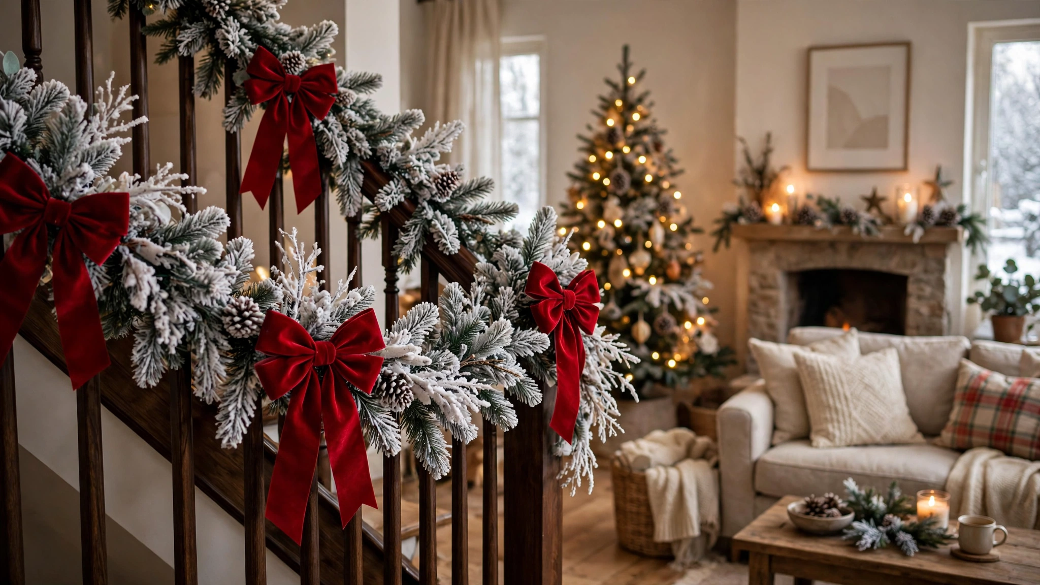 Frosted snowy garland with large red bows on a staircase banister.