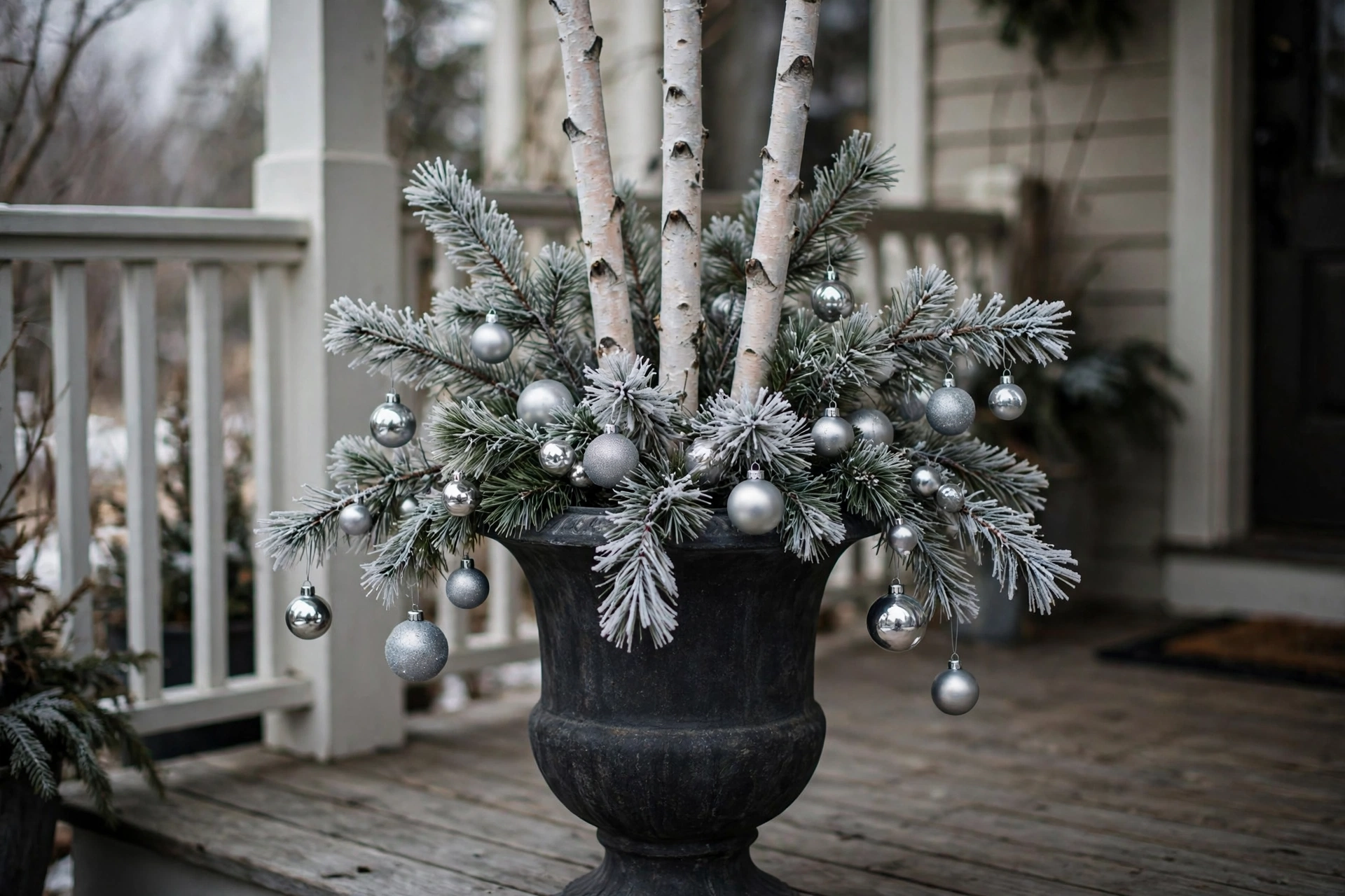 Dark urn with white birch poles, frosted pine branches and silver ornaments on a porch.