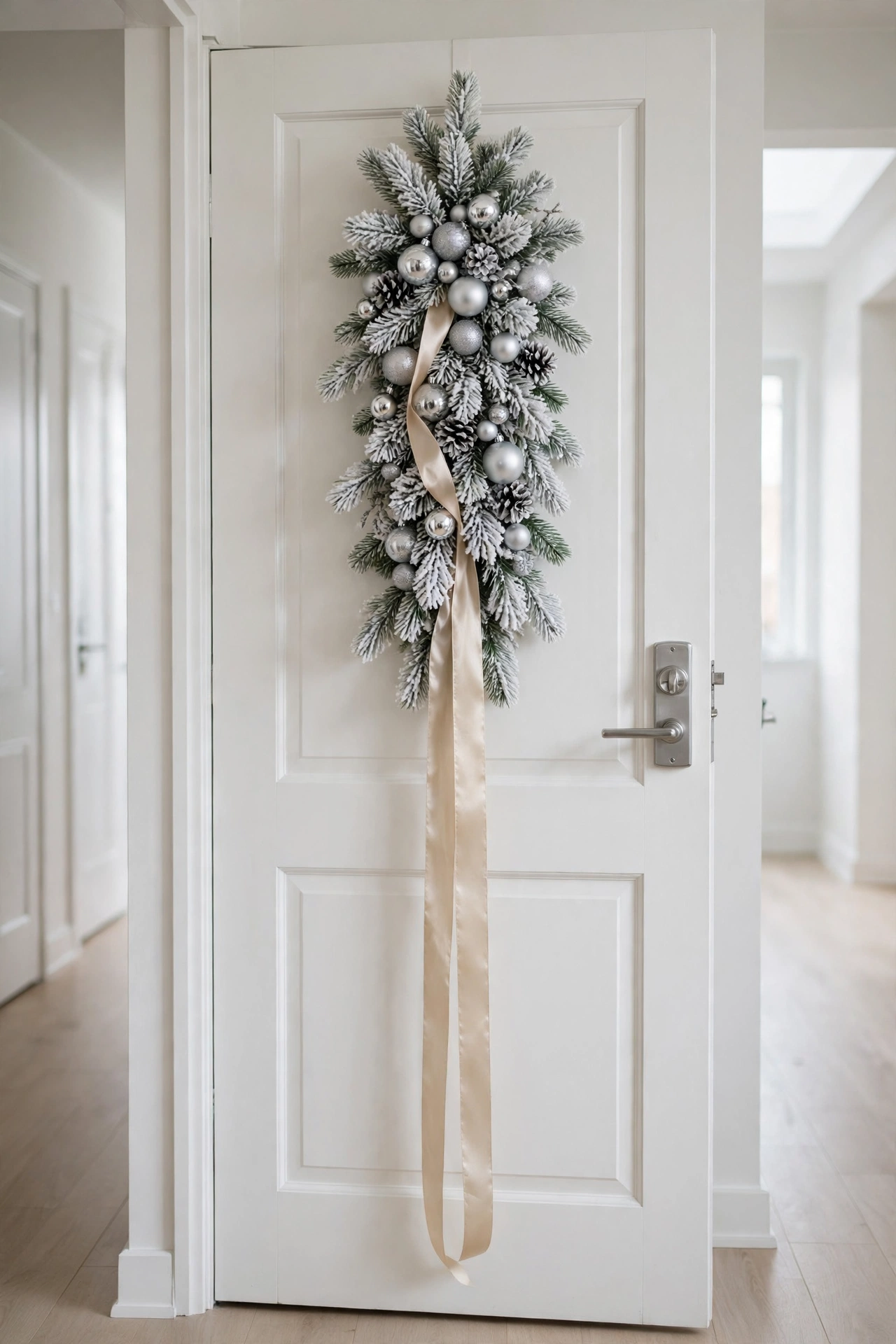 Frosted pine door swag with snowy branches, silver ornaments, and champagne ribbon on a white apartment door.